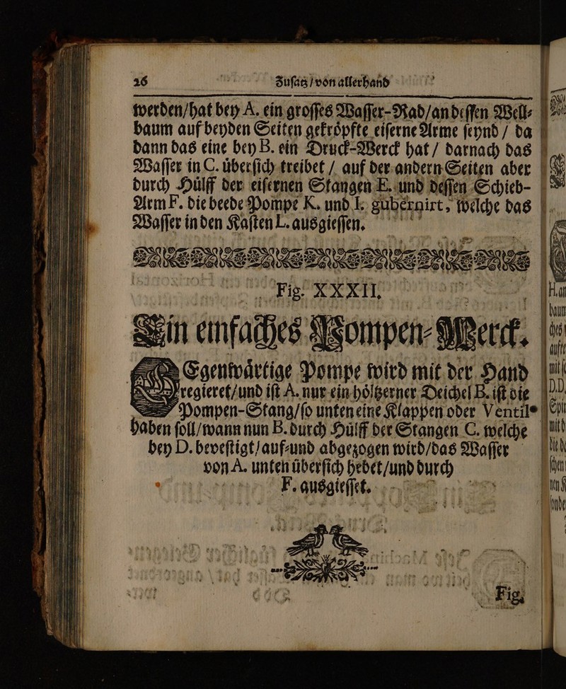 46 | 72 Zuſatz / von allerhand werden / hat bey A. ein groſſes Waſſer⸗Rad / an deſſen Well⸗ baum auf beyden Seiten gekroͤpfte eiſerne Arme ſeynd / da dann das eine bey B. ein Druck⸗Werck hat / darnach das Waſſer in C. überſich treibet / auf der andern Seiten aber $ durch Hülff der eiſernen Stangen E. und deſſen Schieb- | Arm F. die beede Pompe K. und J. gubernirt, welche das Waſſer in den Kaſten L. ausgieſſen. «uer | e ee ee eee gin avais egieret / und it A. nur ein bolgerner Deichel B. iſt die Pompen-Stang / ſo unten eine Klappen oder Ventile | haben ſoll / wann nun B. durch Hülff der Stangen C. welche bey D. beveſtigt / auf und abgezogen wird / das Wafler | von A. unten überſich hebe / und durch