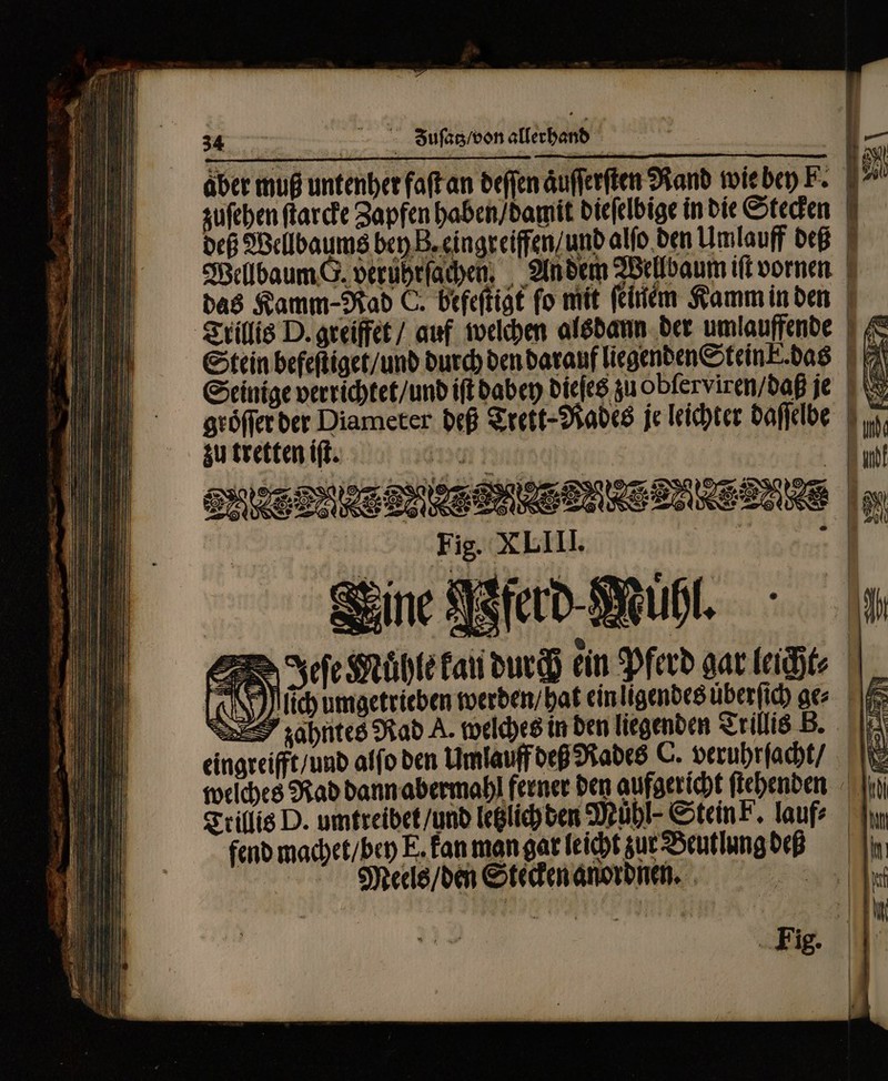 aber muß untenher faſt an deſſen äuſſerſten Rand wie bey F. g zuſehen ſtarcke Zapfen haben / damit dieſelbige in die Stecken be Wellbaums bey B. eingreifen / und alfo den Umlauff deß 1 Wellbaum G verührſachen. An dem Wellbaum iſt vornen das Kamm-Rad C. befeſtigt fo mit ſeinem Kamm in den Zrilis D. greiffet / auf weichen alsdann der umlauffende | /&amp; Stein befeſtiget / und durch den darauf liegenden Stein k. das 1X Seinige verrichtet / und iff babet) dieſes zu obſerviren / daß je | S gröffer der Diameter deß Trett-Nades je leichter daſſelbe 1. zu tretten iſt. Mj | en x a» mr T IE À AS * V | 1 * i } = gusce SN RENS SINOPSIS EAE n N 2e 5 N 900 Fig. XLIII. Sint Ne ferd. Muͤphl. 7 ®, # | Jeſe Nuͤhle kan durch ein Pferd gar leicht? Iſich umgetrieben werden / hat ein ligendes uͤberſich ge⸗ 165 zahntes Rad A. welches in den liegenden Trillis B. eingreift / und alſo den Umlauff deß Rades C. veruhrſacht / IE welches Rad dann abermahl ferner den aufgericht ſtehenden Trillis D. umtreibet / und letzlich den Mühl- Stein F. laufe un fend machet / bey E. kan man gar leicht zur Beutlung deß n Meels / den Stecken anordnen. Ee v —