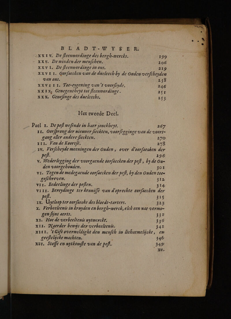 XXIV. De ffleenwordinge des bergh-mercks. 199 XXv. De winden der menfchen. 206 XXV 1, Deffeenmwordinge in ons. | 219 Xxxvrr. Oorfaecken van de dueleech by de Ouden werfcheyden VAN ONS. 238 XXVIII. Toe-eygening van't voorfeyde, 246 XXIX, Genegenthept tot fleemwordinge. 25r xxx. Geef inge des dueleechs, 253 Het tweede Decl. Pael r. De peff wefênde in haer jonckheyt. 267 rr. Oorfprong der nieuwer fieckten, voorfègginge van de woort- gang aller andere fieckten. 270 Tir. Van de Koortfe. 279. zv. Verfcheyde meeningender onden ; over d'oorfaeaken der 296 Anale der voorgaende dorfiect ender peft , by de On- den woorgehouden. zor vi. Tegende medegaende eden der paf by den Ouden toen gefshreven. 312 vir. Bedeelinge der peften. 314 vrir. Bereydinge ter kenniffe van d'oprechte oorfaecken der peft. 315 rx. Uytloop ter oorfâcoke des bloedt-tarters. SOE x. Verbeeltenis in kruyden en bergh-werck, elk een nae vermo- gen fijns aerts. 33E xr. Hoe de werbeeltenis wytwerckt. 336 XII Naerder bewijs der verbeeltenis. 34X xirr. 4 Gift overweldight den menfch in lichaemelijche, en geeftelijcke machten. 346 xv. Stoffe er nytkomfte van de pefk. 349 AV