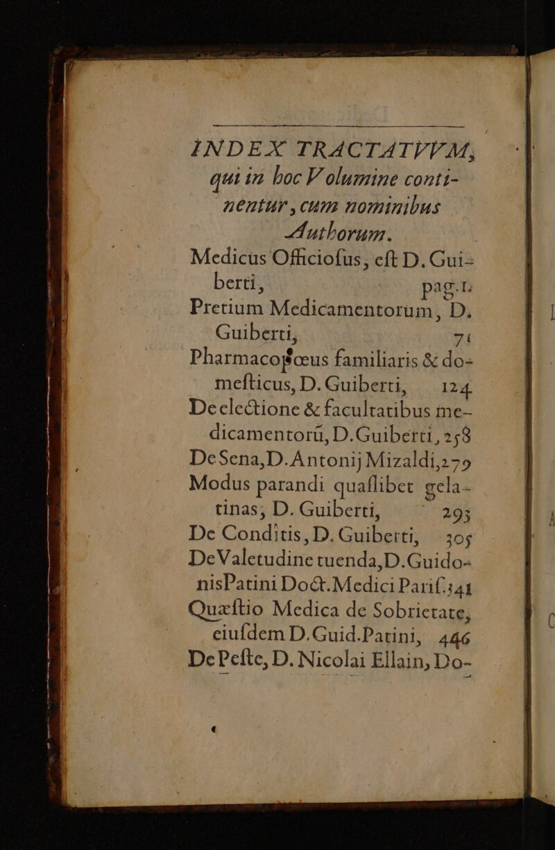 —— — ————M———————À —— RB— GN INDEX TRACTATVVE M, qui in boc Volumine conti- nentur ,cum nominibus Authorum. Medicus Officiofus, eft D. Gui- berti, pag.r Pretium Medicamentorum, D. Guiberti, mi Pharmacogœus familiaris &amp; do- mefticus, D.Guiberti, — 124 Declectione &amp; facultatibus me- dicamentorü, D.Guiberu, 258 DeSena,D. Antonij Mizaldi,279 Modus parandi quaflibet gela- tinas; D. Guiberti, 293 De Conditis, D. Guiberti, 30s DeValetudine tuenda,D.Guido- nisPatini Doét.MediciParif.;41 Quæftio Medica de Sobrietate, eiufdem D.Guid.Patini, 446 De Pefte, D. Nicolai Ellain, Do-