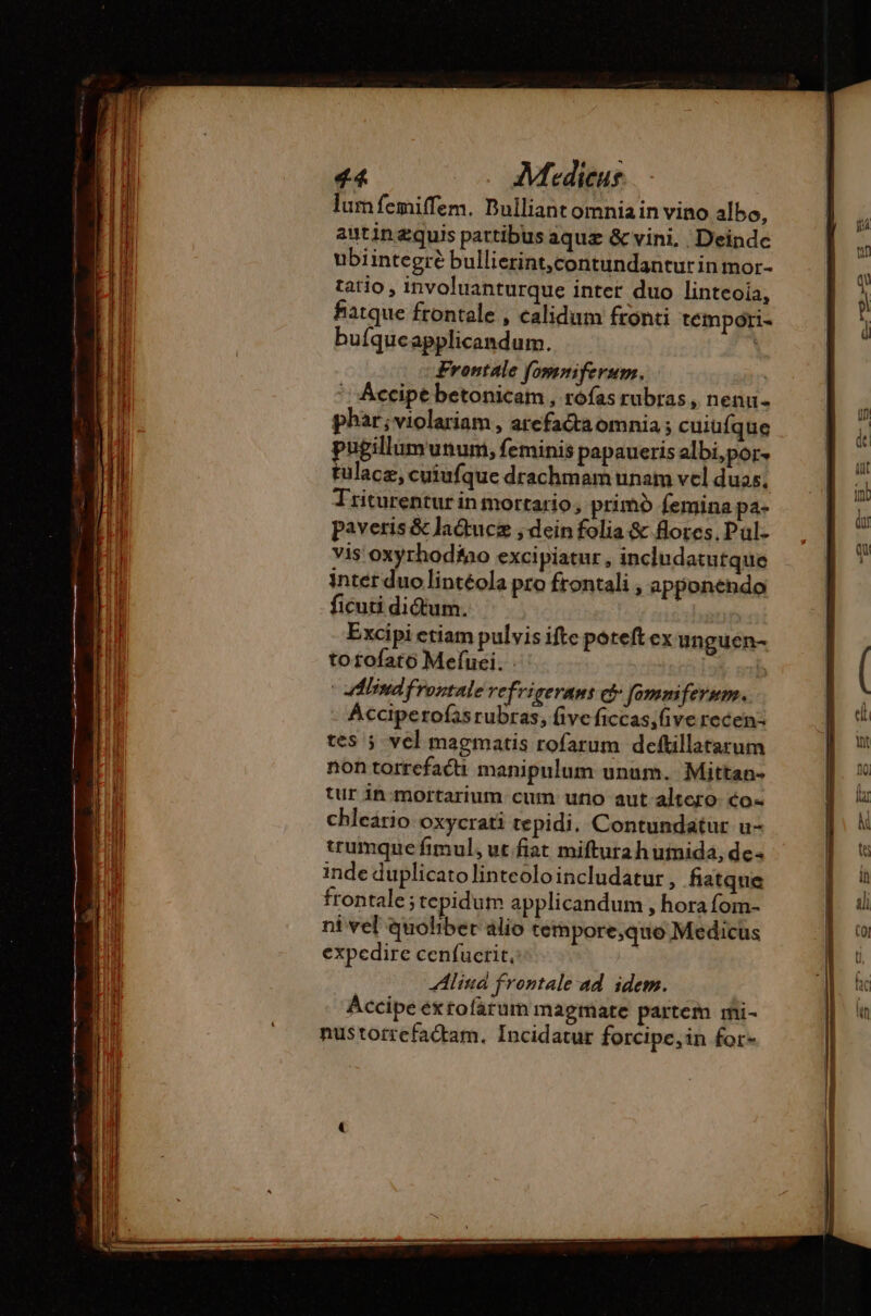 lumfemiffem. Dulliant omnia in vino albo, autinzquis partibus aquæ &amp; vini, , Deindc ubiintegré bullierint,contundantur in mor- tatio, involuanturque inter duo linteoia, fiatque frontale , calidum fronti tempori- bufqueapplicandum. | Frontale fomniferum. ' Accipe betonicam , rófas rubras, nenu- phar; violariam , arefaétaomnia ; cuiüfque pugillumunum, feminis papaueris albi,por- tulace, cuiufque drachmam unam vel duas, Triturentur in mortario, primó femina pa- paveris&amp; la&amp;tucz ; dein folia &amp; flores. Pul- vis oxyrhod£oo excipiatur, includatutque inter duo lintéola pro frontali , apponendo ficuti didium. Excipi etiam pulvis ifte poteft ex unguen- totofato Mefuei. : | 5  Albin frontale refrigerans c: fommferum. Acciperofasrubras, five ficcasifive recen tes 5 vel magmatis rofarum deftillatarum non torrefacti manipulum unum. Mittan- tur in: mortarium cum uno aut altero. éo- chleario oxycrati tepidi. Contundatur u- trumque fimul, ut fiat mifturah umida, dc - inde duplicatolinteoloincludatur, fiatque frontale; tepidum applicandum , hora fom- ni vel quoliber alio tempore,quo Medicus expedire cenfucrit.: | Alinà frontale ad idem. Accipe éxtofarum magmate partem mi- nus totrefactam., Incidatur forcipe, in for-