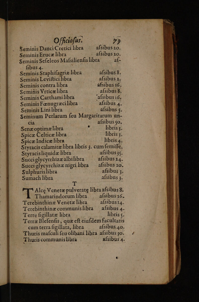 | _ Géminis Dauci Cretici libra afsibus 20. Seminis Eruca libra | a(sibus 20. Seminis Sefeleos Mafsilienfis libra af- fibus 4. Seminis Staphifagriæ libra afsibus 8. Seminis Leviftici libra afsibus 2, Seminis contra libra ^ afsibus 16, _Seminis Vrticælibra afsibus 8. Seminis Carthamilibra 'afsibusió. Seminis Foenugrzcilibra afsibus 4. Seminis Lini libra , áfsibus 5. Seminum Perlarum feu Margaritarum un- Cia afsibus so. Senæzoptimælibra  libris j. Spicz Celticz libra libris 3. Spicz Indice libra libris 4. Styracis calamitæ libra libris 3. cum femiffe. Styracisliquidæ libra a(sibus 35. Succiglycyrrhizæ albilibra afsibus 24. Succiglycyrchizz nigrilibra afsibus 20. Sulphurislibra .. afsibus 5. Sumach libra afsibus 3. T TT Alce Venetæ pulverate libra afsibus 8. Thamarindorum libra af{sibus 16. Terebinthinz Venetæ libra afsibus14. Terebinthinz communislibra afsibus 4. Terre figillatz libra o dr Mbris e, Terræ Blefenfis , qu&amp; eft eiufdem facultaus - cum terra figillata, libra afsibus 40. T huris mafculi feu olibani libra afsibus 30. Thuris communislibra afsibus 4.