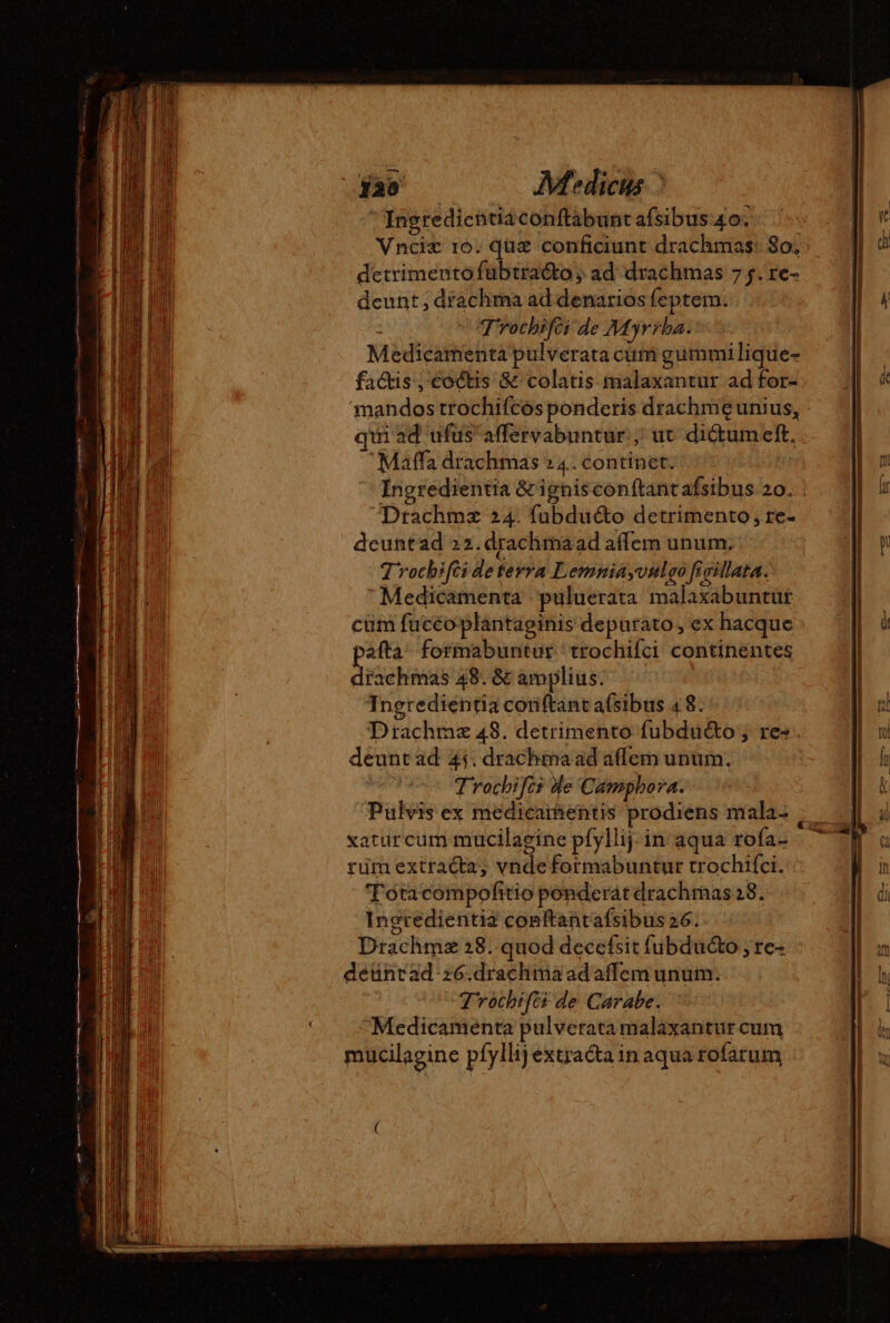 * Ingredicntiaconftäbunt afsibus 4o. Vnciz 16. quz conficiunt drachmas: So, detrimento fübtra&amp;to ad drachmas 7 5. re- deunt, drachma ad denarios feptem. Trochifci de Myrrha. Medicamenta pulverata cum gummilique- factis; coctis &amp; colatis malaxantur ad for- mandos trochifcós ponderis drachmeunius, qui ad ufus affervabuntur ;' ut diétumeft. 'Maffa drachmas 24. continet. Drachmz 24. fubduéto detrimento, re- deuntad 22.drachmaad affer unum, Trochifèi deterra Lemniayunulgo ficillata. Medicamenta | puluerata. malaxabuntüt cum fucéoplantaginis depurato , ex hacque pafta formabuntur 'trochifci continentes drachmas 48. &amp; amplius. | Ingredientia conftant a(sibus 4 8. Drachmæ 48. detrimento fubdu&amp;o; res. deunt ad 41. drachma ad affem unum. Trochifcs de Campbora. xatürcum mucilaeine pfyllij. in aqua rofa- ruümextraéta, vndeformabuntur trochifci. 'Totacompofitio ponderatdrachmas 28. Ingredientia conftantafsibus 26. Drachmæ 28. quod decefsit fubdu&amp;o ; re- déuntad z6.drachma ad affem unum. Trochifci de Carabe. Medicamenta pulverata malaxantur cum mucilagine pfyllij extracta in aqua rofarum