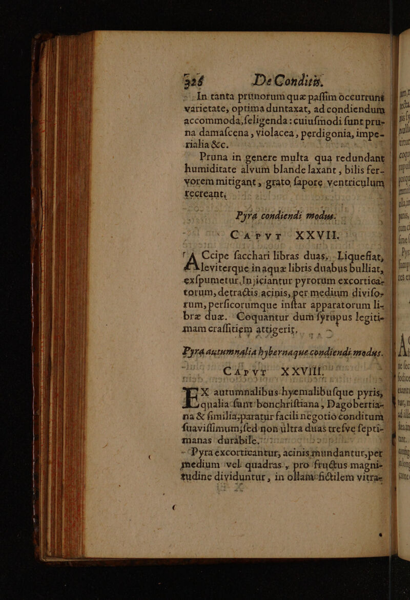 ES a $ NT » ; In tanta prünorumquæ paffim occurrunt varietate, optima duntaxat, ad condiendum rialia &amp;c. | fecreante Pyra condiendi modu. Carvr XXVIL. A c cipe facchari libras duas, Liquefat, leviterque inaquæ libris duabus bulliat, exfpumetur,Injiciantur pyrorum excortica- torum, detraétis acinis, per medium divifo- rum, perficorumque inftar apparatorum li- brz duæ. Coquantur dum fyrupus legiti- mam craflitiem attigerit, A Cárvr XXVIL^ | E autumnalibushyemalibufque pyris; na &amp; fimilia;paratur facili negotio conditum fuaviffimum;fed non ultra duas trefye fepti- manas düràábile. Jon - 'Pyra excorticantur; acinismundantur,per tudinc dividuntur, in ollambfictilem vitras nm (e!