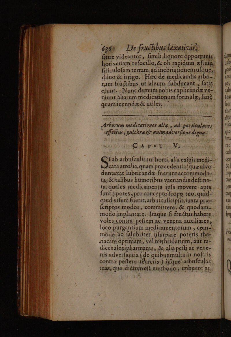 fitire videantur ,. fimili liquore opportunis: horisetiam refocillo, &amp; ob rapidum ftum; fiticulofamterram,adinebrigtionemufque,, diluo-&amp; itrigo. Hzc de. medicandis arbo-. rum frü&amp;ibus ut. alvum. fubducant , fatis, ciunt. -NNuncdemum nobis explicanda ve- niunt. aliarum medicarionum formule, fané quamiugupdg &amp; utiles; | are mme ans QArvr V. (C Lab arbufculistui horti, alia exigis medi- | Jcataauxilia,quam precedentia(quz alvo - duntaxat lubricandæ fueruntaccommoda- ta; &amp; talibus humoribus vacuandis deftina- ta; quales medicamenta ipfa movere apta funt ) potes , pro conceptp fcapé tuo; quid- quid vifum fuerit; arbuículisipfisjiuxta pra-- Ícriptos modos , committere, &amp; quodam- modo implantare. Itaque fi fru&amp;us habere: voles contra peftem ac venena auxiliares , loco purgantium medicamentorum , com: mode ac falubriter ufurpare poteris the- ciacam optimam, vel mighridatium , aut ra- dices alexipharmagas, .&amp;. alia pefti ac vene- nis advetfantia (de quibus multain noftris contra peftem fereris:) ijfque^ arbufculas tuas, qua dictumeft methodo 'imbyere ac.