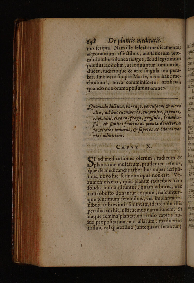 64) Deplahtis inedicatis. nus fcripta. Nam ille fclectà medicatmenta; 'segrotantiumi affectibus, aut fanorum pr&amp;- | am cautionibusidonea feliget ; &amp; ad legitimum 2 | pondus,acdofim , ut loquuntur ,omniade- |! dicer;iudicioque &amp; arte fingüla tempera- | fimo bit. Imo vero fuopte Marte, iuxta hancmeé- | nifi  QGhodum ; nova comminifcerur artificia | diat quando nonomnia poffumus omnes: | refer Minis l jode ith À io Onomodo lattuca, borragé, poriulaca; G'olera |  -^ Alia y ad bec CHCHmhEreGS EHCHYbIER, pepones; RN raphánus, cinara ,fragh ; gvo[fula , frambe- |? fa, e&amp; fimiles frutlus ac planta drtieppe | ; | : dt WA 104 (0 faciltates induent , &amp; J[apores ac ederes s jai  vios admittent. | em liabi Cu pPvqUux dem | LI x || iden ^ ad medicationes olerum , radicum &amp; | n | tiis. LA plantarum multarum; prüdenter referas; | * qua de medicandisatboribus nuper fctipfi- |. inus, novo hic fermone opus non erit. Ve- dic rumenimvero, quia plante radicibus. tam “olidis non innituntur ; quarn arbores, nec tani robüfto donantur córpore ; nafcuntur- | Pi que plürimum feminibus vel implañtatio- | tolc nibus; acbrevioris fufit vitz, idcirco de ils | 7 peculiarem hicinftitüemus fiarrationem. S1 | t itaque femin£ plantarum titulo capitis hu- 179 jus przpofitarum ; aut jliarüm ; madnerint |] id triduo, vel quattiduo (antequant ferantur) | FR h 1 [ | lare | ttad