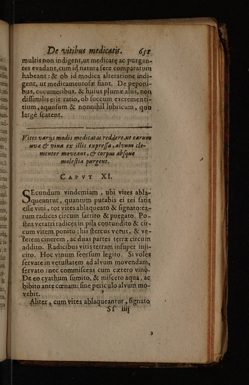 e ema multisnon indigent,ut medicate ac.purgan- tes evadant,cumid natura fere comparatum habeant: &amp; ob id modica alteratione indi- gent, ut medicameutofz fiant. De peponi- c3 cucumeribus, &amp; huius VRBE I non diffimilis erit ratio, ob fuccum excrementi- tium ,aquofum &amp; nonnihil lubricum, quo largé fcatent, | 22! y ' i — 'ites varÿs modis medicatas redgere,ut earum ave C vina ex illis expreffa salvum cle quenter moveant , ( corpus abfque | emole[Ha purgent. deA Sm. VT. au Ecundum vindemiam , ubi vites abla- Jqueantur, quantum putabis ei rei fatis efle vini, tot vitesablaqueato &amp; fignato:ca- rum radices circum farrito &amp; purgato. Po- ftea veratri radicesin pila contundito &amp; cir- cum vitem ponito ; his ftercus vetus, &amp; ve- ferem cinerem ,ac duas partes terr circum addito. Radicibus vitisterram infuper inji- cito. Hoc vinum feorfum legito. Si voles fervarein vetuftatem adalvum movendam, fervato :nec commifceas cum catero vino. De eo cyathum fumito, &amp; mifceto aqua , ac bibito ante coenam; finc periculo alvum mo- vebit. . Ke qs, Obi La . AMiter , cum vites ablaqueantur , fignato ERR — à PR ros tdi 5c Eco pm