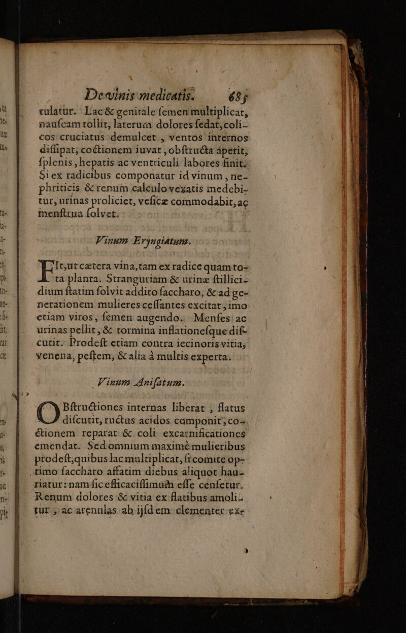 culatur. | Lac &amp; genirale femen multiplicar, naufeam tollit; laterura. dolores fedat,coli- cos cruciatus demulcet , ventos internos diflipat, coctionem iuvat , obftructa apetit, fplenis , hepatis ac ventriculi labores finit; 91 ex radicibus componatur id vinum , ne- phriticis &amp; renum calculo vexatis medebi- tur, urinas proliciet, veficz commodabit, ac menfa folvet. ' rca RE E n. asma tic RT HE SAS &gt; 27 Fiuum E ryngiatuna. Ts tcætcra vina,tam ex radice quamto- ta planta. Stranguriam &amp; urinz ftillici- dium ftatim folvit addito faccharo; &amp; ad ge- nerationem mulieres ceffantes excitat,imo Viuum Anifatum. Bftruétiones internas liberat , flatus difcutit, ru ctus acidos camponit;co- étionem reparat &amp; coli excarnificationes emendat. Sed omnium maximé mulieribus prodeft;quibus lac multiplicat, Írcomite op- , timo faccharo affatim diebus aliquot hau- riatur:nam ficefficaciffimüin effe cenfetur. Renum dolores &amp; vitia ex flatibus amoli. fur , ac arenulas ab ijídem clementer exe