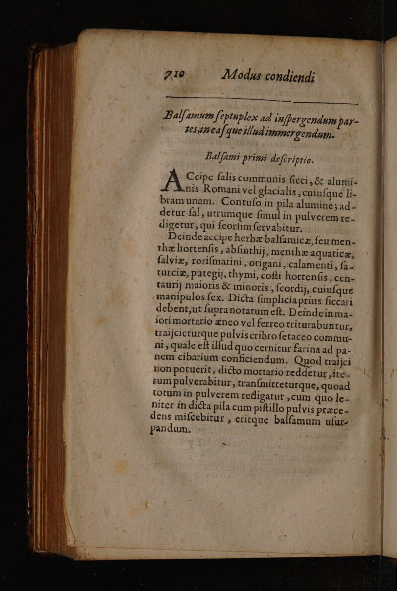 Ball amum feptublex ad Inpereendum par- tes ineafqueillua Immeraendum. Balfami priva defcriptio. Ccipe falis communis ficci, &amp; alumi- nis Romani vel glacialis ; cuiuíque li- bramunam. Contufo in pila alumine ; ad. detur fal, utrumque fimul in pulverem re- digetur, qui feorfimfervabitur. Deindeaccipe herbz balfamicz, feu men- thz hortenfis , abfinthij, menthæ aquaticz, falviæ, rorifmatini , origani , calamenti, fa- turciæ, putepij, thymi, cofti hortenfis ,cen- taurij maioris &amp; minoris , fcordij, cuiufque manipulos fex.- Dicta fimplicia prius ficcari debent;ut fupranotatum eft. Deindeinma- iori mortario znco vel ferreo triturabuntur, uaijcicturque pulviscribro fetacco comfnu- ni quale eit illud quo cernitur farina ad pa- nem cibarium conficiendum. Quod traijci | non potuerit, dicto mortario reddetur , itc rum pulverabitur, tranfmitteturque, quoad totum in pulverem redigatur ,cum quo le- niter in dicta pila cum piftillo pulvis prece- dens mifcebitur , entque balfamum ufur- pandum, |