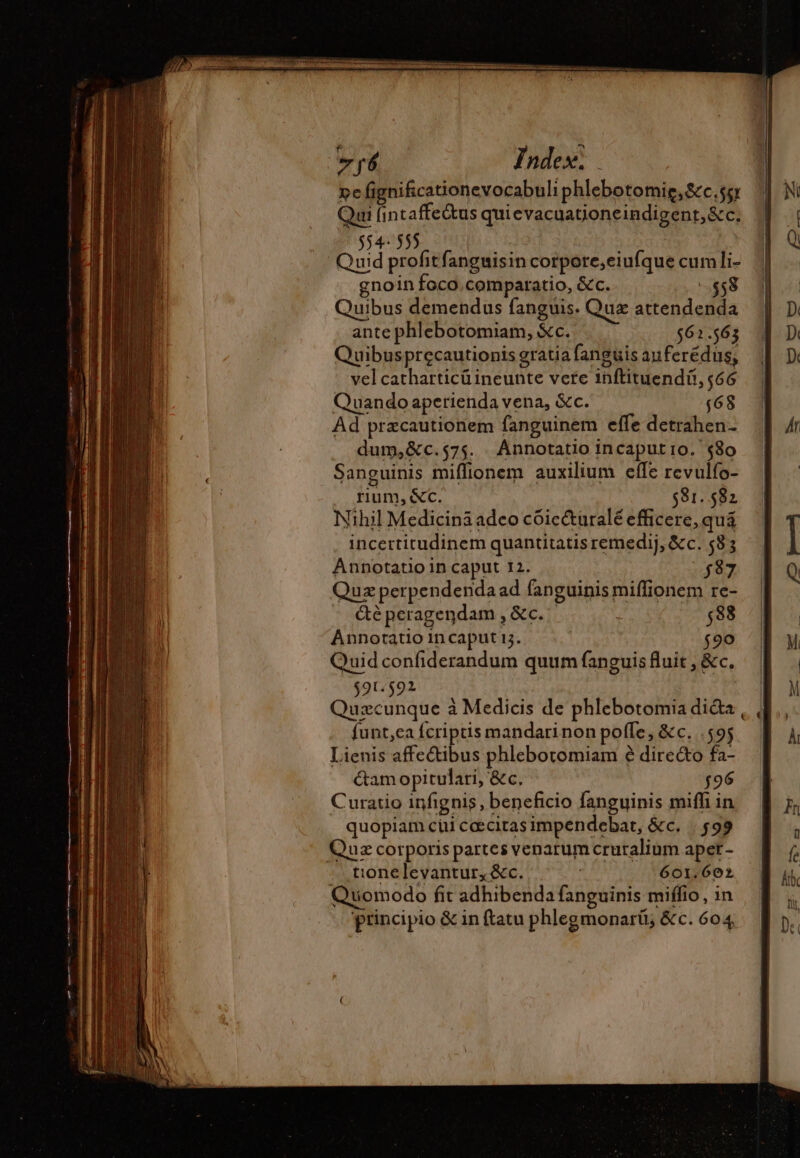 Index. ye fignificationevocabuliphlebotomie, &amp;c. ss Qui fintaffeétus quievacuationeindigent,&amp;c: 354-555 Quid profitfanguisin corpore,eiufque cumli- gnoin foco comparatio, &amp;c. | 558 Quibus demendus fanguis. Qux attendenda ante phlebotomiam, &amp;c. 562.563 Quibusprecautionis gratia fanguis auferédus, velcatharticü ineunte vere inftituendit, $66 Quando aperienda vena, &amp;c. (68 Ad przcautionem fanguinem effe detrahen- dum,&amp;c.$575. Ánnotatio incaput ro. $80 Sanguinis miffionem auxilium effe revulfo- rium, &amp;c. $81..582 Nihil Medicina adeo cóicéturalé efficere, quá incertitudinem quantitatis remedij, &amp;c. 583 Annotatio in caput 12. $87 Quzcunque à Medicis de phlebotomia di&amp;a , , funt,ea fcriptis mandari non poffe, &amp;c. .59j Lienis affectibus phleboromiam à dire&amp;o fa- Gam opitulari, &amp;c, 596 Curatio infignis, beneficio fanguinis miffi in quopiam cüi cceciras impendebat, &amp;c. | 599 Quz corporis partes venarum cruralium apet- t:ionelevantur, &amp;c. | 601.602 Quomodo fit adhibenda fanguinis miífio, in principio &amp; in ftatu phlegmonarü; &amp;c. 604