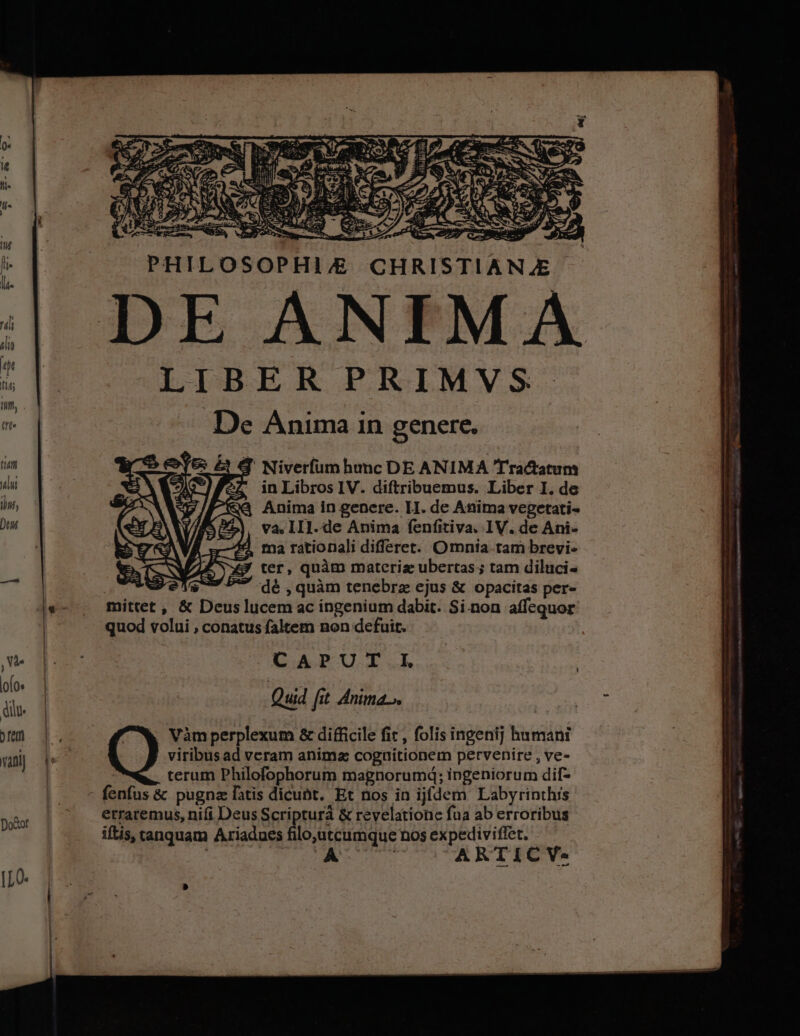 SOTXVP E Ns. : el &amp; GHRI eL x. Dra Re STIAN LIBER PRIMVS. De Anima in genere, ' Niverfum hmmc DE ANIMA Tractatum : in Libros IV. diftribuemus. Liber I. de | ma rationali difleret. Omnia tam brevi- ter, quàm materiz ubertas ; tam diluci- ys —* 9* -dé , quàm tenebrz ejus &amp; opacitas per- mittet, &amp; Deus lucem ac ingenium dabit. Si.non affequor quod volui , conatus faltem non defuit. CAPUT IL | Quid [it Anima... Tus Vàm perplexum &amp; difficile fit , folis ingenij humani viribusad veram animz coguitionem pervenire , ve- terum Philofophorum magnorumd; ingeniorum dif- erraremus, nifi Deus Scripturà &amp; revelatione fua ab erroribus iftis, tanquam Ariadnes filo,utcumque nos expediviffet. y ed jsp ARTIC V«