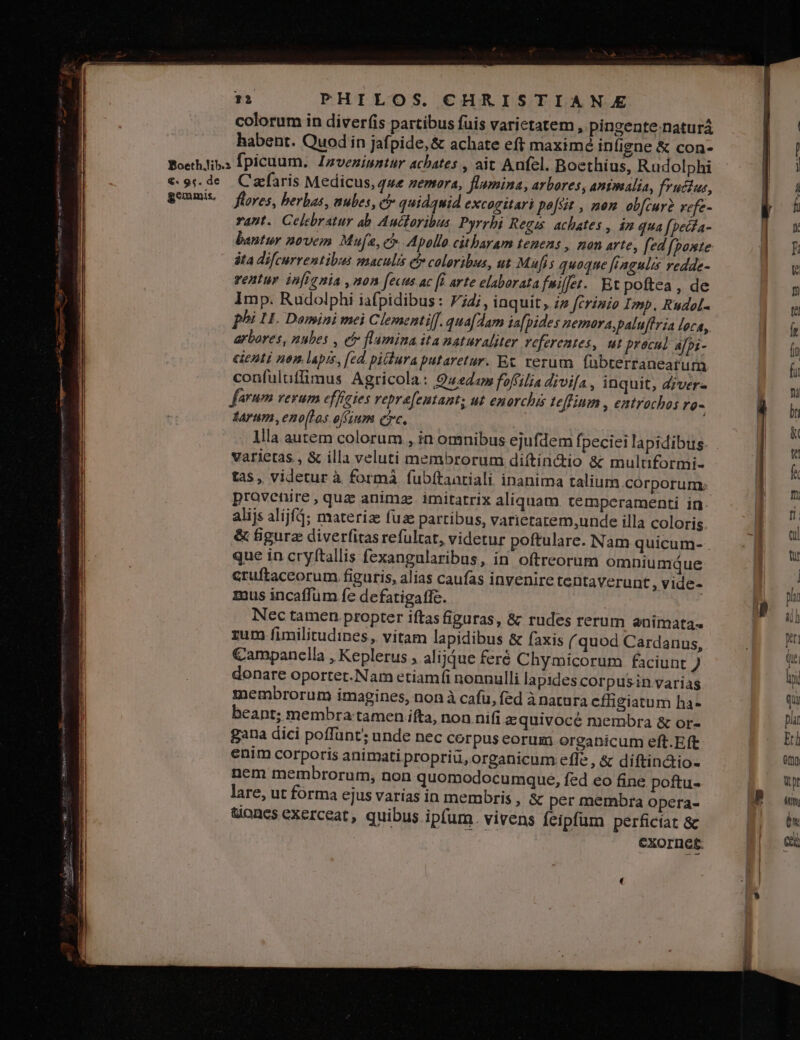 gemmis, colorum in diverfis partibus fuis varietatem , pingente naturá habent. Quod in jafpide,&amp; achate eft maxime infigne &amp; con- flores, berbas, nubes, c quidquid excogitari pe[sit , non ob[cur? vefe- rant. Celebratur ab Auctoribus. Pyrrhi Regu achates , im qua fpeifa- bantur novem Mufa, c Apoll citharam tenens , non arte, fed f poste ita difcurrentibus maculis e» coloribus, ut Maufis quoque fingulis redde- rentur. infignia , non fecus ac (i arte elaboratafmiffer. Rt poftea , de Imp. Rudolphi iafpidibus: 74i, inquit , zz ferizio Imp. Rudol- phi LI. Domini mei Clementilf. quafdam ia[pides nemara,paluffria loca,. arbores, nubes , e flumina ita naturaliter referentes, ut procul a[pi- eienti nom lapis, ed. pitdura putaretur. Et rerum fubterranearum confultiffimus Agricola: Quedam fofcilia divifa , inquit, Z7ver« farum vesum effiaies vepra[entant; ut enorchis teffium , entrochos ro- tarum, eno[las offium cc. llla autem colorum , in omnibus ejufdem fpeciei lapidibus. varietas , &amp; illa veluti membrorum di(tindtio &amp; multiformi- tas, videtur à formà fubítanriali inanima talium.corporum: provenire , quz animze imitatrix aliquam témpcramenti in alijs alijfq; materize fua partibus, varietatem,unde illa coloris &amp; figura diverfitas refultat, videtur poftulare. Nam quicum- . que in cryftallis fexangularibus, in oftreorum omniumque cruftaccorum figuris, alias caufas invenire tentaverunt , Vide- mus incaffum fe defatigaffc. Nec tamen propter iftas figuras, &amp; rudes rerum animatas rum fimilitudines, vitam lapidibus &amp; faxis ( quod Cardanus, €ampanclla , Keplerus , alijque feré Chymiícorum faciunt ) donare oportet.Nam etiamfi nonnulli lapides corpusin varias membrorum imagines, non à cafu, fed à natura cfligiatum ha- beant; membra tamen ifta, non nifi &amp;quivocé membra &amp; or- gana dici poffünt; unde nec corpus eorum organicum eft.Eft enim corporis animati propri, organicum effe , &amp; diftindtio- nem membrorum, non quomodocumque, fed eo fine poftu- lare, ut forma ejus varias in membris , &amp; per membra opera- üUoncs exerceat, quibus ipfum. vivens Ícipfüm perficiat &amp; : v exornet.