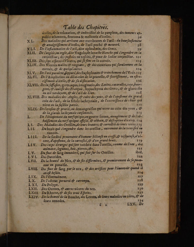 icelles, de la relaxation, &amp; imbecillité de la panpiere, des tumeurs ape pellées atheroma, ftearoma &amp; meliceris d'icelles. 9 YXIx Des maladies qui arrinent aux membranes de l'œil : du bourfoufiement G° amaigriffement d’icelles, de Yœil poché € meurtri, 98 XLI.. De linflammation de l'œil, dite ophtalmie, des Grecs. 99 XLII. De l'englée,on ongle, dite Vngulasde latache blanche qui s'engendre en la conjoñctiue ; des pufinles on vefties, G poux de ladite conjonétine, 107 XLUH. Des fèpt effeces d'Vlceres, qui Je font en la cornée, 103 XLIV. Des Viceres malins G rongeans , @* des cicatrices g4i furniennent en La cornée, @ de quelqw'autres. 104 XLV.. De l'œil purulent,fappuré,des taphylomes &amp; sranchement del'Vuée.10$ XLVI. Del’Ampliation 04 dilatation de la prunelle, &amp; flerrifément , on efire- ciffement d'icelle, &amp; de [a diflocation. 196 XLVIL. De la fuffufion, guttasaqua, imaginatio,des Latins, catarailes, taye,bour- geon, @ conliffe des Françoë , hypochyma des Grecs , G de glaucolis on œil verdoyant, @ de l'œil de Lion. 108 XLVII. Des maladies des Angles, @ coins des yeux, de l'apofleme: du ‘grand coin de l'œil, de le fitule lachrymale, de lexcroiffance de chair qui vient en la fufdite partie. 111 XLIX. De l'erofion &amp; prurir, on demangeailon gui vient au coin des yeux ; € de la glande lachrymale confommee. 113 L. De l'étonpement dn nerfoptique,ou goutte ferene, anenglement de lab- baifement du nerf optique affefsé, &amp; abbatu, &amp; difruprion d'iceluy. 114 LI. Des Maladies des Orcilles,de leurs beautez &amp; correétio de leurs vices.115$ LIL Debruit qui s'engendre dans les oreilles , autrement de la ventofité 0 tintoin. 117 LIII. De la furdité prouenante d'humeur bilienfe on crafft,@ vifqueufe,a'vl- cere, d'apofieme, de la carnofité, &amp; d'un grand bruit. 119 LIV. Des corps étranges qui font vombez dans l'oreille, come de l'eau ; des animaux, legumes, bots, pierres, G'c. 12 LV. Du fiux de fang immoderé, qui flné [ur les Oreilles. ibid. LVI. DesParotides. 122 LVII. De la beanté du Nez, &amp; de fes difformitez, G* premierement de [a puan- teur on punaifie. 123 LVL Du flux de fang parle nez, &amp;* des artifices pour Pémonvoir quand il en ef} befoin. | 114 LIX. DePEternuément. 127 LX. Delodorar peruerti © corrompu. 128 LXI DaPolype. | | 129 LXII Des Ozenes, € antres vlceres du nez. 139 LXIHT DakRhume, @ de fes trois Efpeces. 132 leurs remedes, 134 — PE em — : pan sp | = TES RC né, me Se - _&amp; — ë : s vx à ES P Da È ET 2 ex + ; EE ap A Las ps Bet us a we = he OT NET ee = Pet Rre Ë ETS a be F ue RTE 2. = - - à Tr! LE ee 2 2 % ZAR TN se)