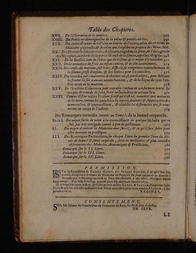 en eme emma ati RS SSSR an É Table des Chapitres. XVII. De lVlceration de la matrice, 344 XVIIL. Du Pruricon dèmangeai[on de la vulue @ parties viriles, 346 XIX. Du recreciffement de la Vüulne on bonche de Fvterus,qw'on dit en terme de Medecine phymofis,@ de celuy qui s'engédre au prepuce de l’home. ibid. XX. Des Hemorrhoïdes,verruës,côdilomes;ragadies,os fentes de l'alongemét des Nyinphes,ouaileros de la partie hoteuft de la femme appellez \érigine. 348 XXI De la fterilité,rent de ÿ’hoine que de lafeme,@' le moyen d'y remedier.3 50 XXIL Dela retention du fruit onenfant concen, € de fon auottement, 354 XXL. Des caufès du manuaïs, fafcheux, difficile @ dangereux accouchement de La femme groffe d'enfant, G des Indices peur les connoître, 356 XXIV. Des remedes qui connrennent a chacune canfe particuliere , pour deliurer La femme de [on manuais accouchement , dr de la façon de tirer l’en- fant mort de la matrice. 358 XXV. De rinaifon Cefarienne pour extraire l'enfant en vie,la mere morte. Le moyen &amp; remede de faire [ortir la fecondine ou arriere-faix. 361 XXVI. Comme il fant traiter l'enfant /£-10/f qw'il eff né, remedier aux maladies de la mere, comme les wranchées de ventre,douleurs &amp; fuppurations des Des Remarques curicufes lointes au Tome I. de la beauté corporelle. Secr.L. Da moyen facile de venir à la connoiffance de quelque M:ladie que ce foir, par vne methode connuë 4 peu de perfonnes. 367 II. Du moyen d'exercer la Medecine anec fuccez; S ce qu'il faut faire pour efire heureux en praitique. | 379 III, Des Remarques Particulieres/#r chaque Liure du premier Tome du Mi- roir de beauté &amp; fanté corporelle ; felon les meilleures € plus nouuelles obftruations des Medecins Anatomiques Pralliciens. 386 Remarque [ur le'I I. Liure. AE 391 Remarque [ur le III. Liure. 393 Remarque [urde IV. Liure, 396 PE RM TS NS ACTU EX Ve laRequifitionde Dante GaysrT, 8T IAQvEs FAESTON, à ce qu’il leur foie te © permis d'imprimer le Cours de Medecine en François du feur Guyon de la Nauche ; = Attendu que le Priuilege accordé au Sieur Meyflonnier à céc eff piré i q g au Sieur Meyflonnier à céc effec, eft expiré depuis Jong-temps : Veu ledit Priuilege accordé pour dix années,en Ianuier 165 9, _Ie n’empefche pour le Roy, qu’il foit permis aufdits GavsT, &amp; FAsT ON, d'imprimer ledic Liure,&amp; que les defenfes ardinaires leur foienc accordées pour trois années. A Lyon ce 12,$e. prembre 1672. YAGINAY%, 4 C'O NS E NT EME NI S°: fait fuiuant les Conclufions du Procureur du Roy, les An &amp; iour ci-deflus, DE SEVE.