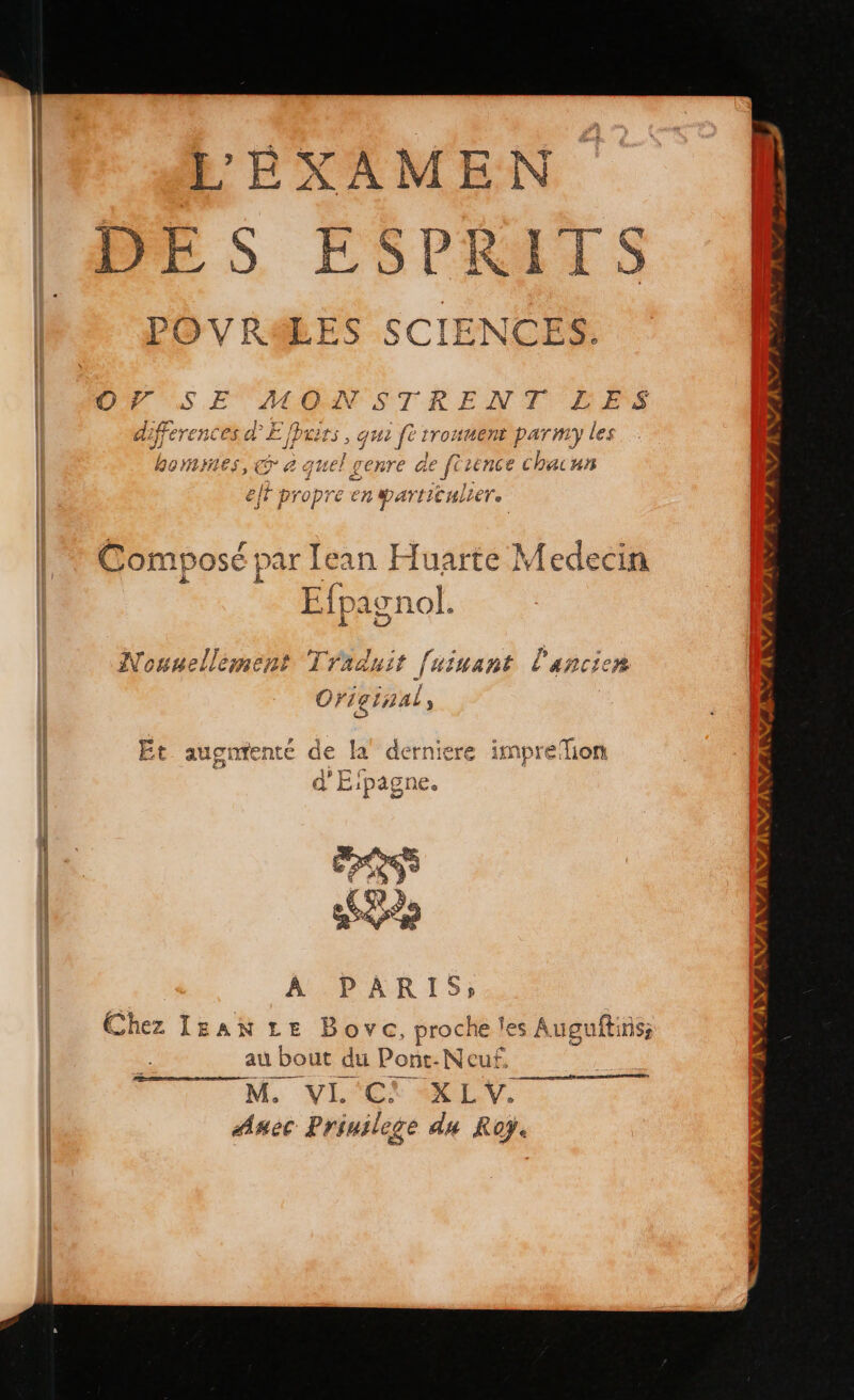 L'EXAMEN DES ESPRITS POVRSERES SCIENCE DS ET MON STRENT EPS f differences d’E [brirs, qe trouuent y les homes, Te 2 quel genre de ftrence chacun ett p ropre enparticulie ¿Yo emiposéparTesn HusftéMede Composé par lean Huarte Medecin ES L: Efparnol pag JN JF nr SS Nouuellement Traduit fusuant l'ancien Original à Et. augntente de la derniere impre ion A PARIS, Chez lean Le Bovc, proche les Auguítins; au bout du Pont-Neuf, M. VL'Ct XX LV Asec Prinilege de Roy.