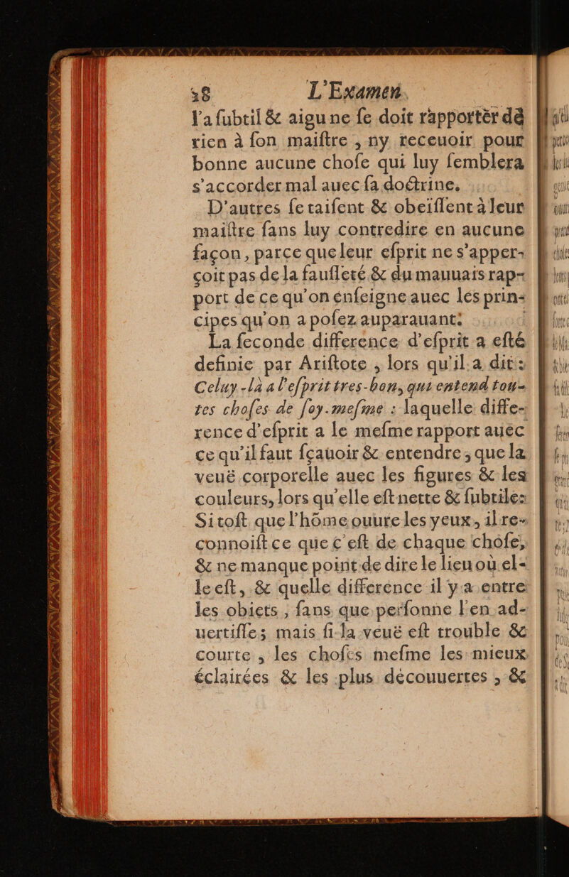 PANNTANV A? AUN A y e iZ y ENZ IN 4. 38 L'Examen Ya fubtil &amp; aigu ne le doit rapporter dè rien à fon maiftre , ny receuoir pour bonne aucune chofe qui luy femblera s'accorder mal auec la do&amp;rine, : D'autres [e talfent &amp; obeiflent ¿leur mailtre fans luy contredire en aucune façon, parce queleur efprit ne s’apper- coit pas de la faufleré.&amp; du manuals rap- port de ce qu'onénfeigneauec les prin- cipes qu’on apofezauparauant: La feconde difference d’efprit a efté definie par Ariftote , lors qu'il.a dit: Celuy «La a l'efprittres-bon, qui entend tou tes chofes de [oy.mefine : laquelle diffe- rence d’efprit a le mefme rapport ayec ce qu'il faut fçauoir &amp; entendre; que la veuë corporelle auec les figures &amp; les couleurs, lors qu’elle eft nette &amp; fubrile: Sitoft que P'hóme ouure les yeux, ilre- connoiftce que C’eft de chaque chofe, 82 ne manque point de dire le lieu où el - le eft, &amp; quelle difference il ya entre les obiets , fans que perfonne Pen ad- uertifles mais fi-la veué eft trouble &amp; courte , les chofes mefme les mieux éclairées &amp; les plus découuertes , $