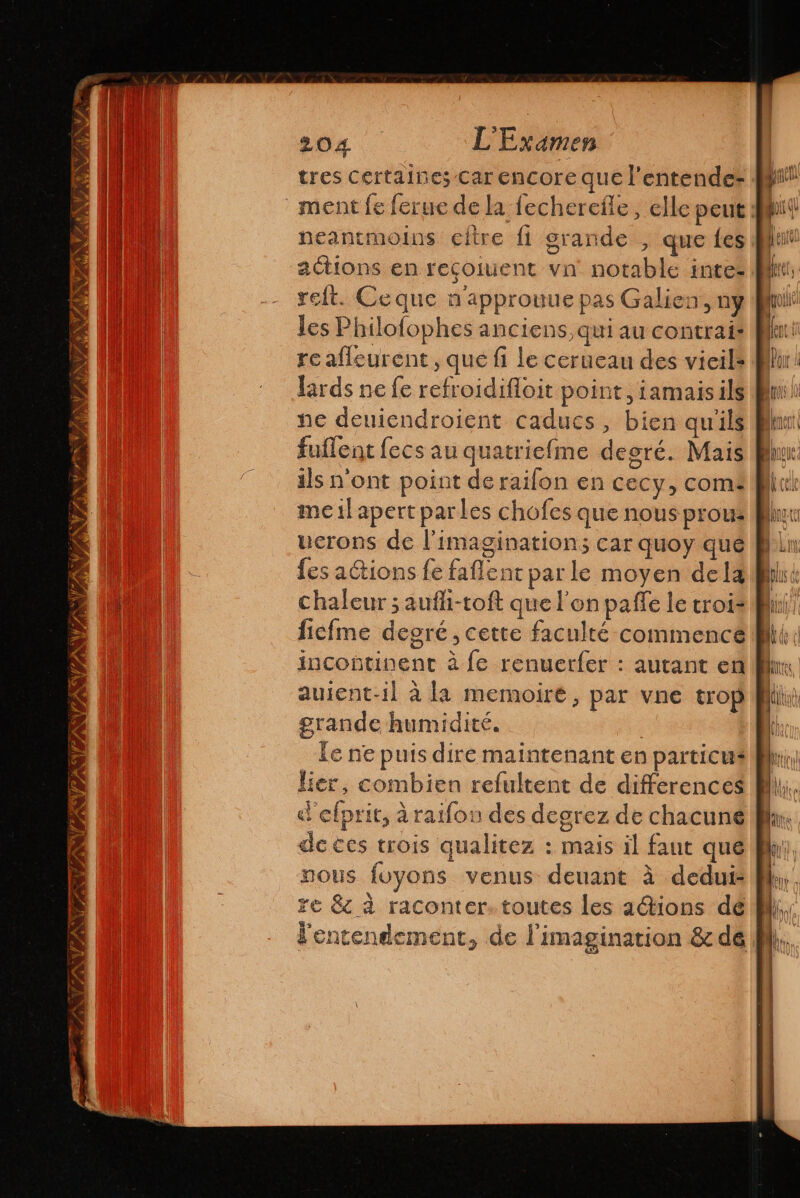 VERO ZO 72 ENS Ve lb Were V7 204 L' Examen tres certaines Car encore que l'entende- ment fe ferue de la fecherefle, elle peut neantmoins eltre fi grande , que les reft. Ceque n'approuue pas Galien, ny les Philofophes anciens, qui au contrais re afleurent, que fi le cerueau des vieils lards ne fe refroidifloit point, iamaisils ne deuiendroient caducs, bien qu'ils fuffent lecs au quatriefme degré. Mais ils n'ont point de railon en cecy, com: me il apertparles chofes que nous prou: ucrons de l'imagination; car quoy que les aétions fe faflent par le moyen dela chaleur ; aufli-toft que l'on paffe le troi= ficfme degré, cette faculté commencé incontinent à fe renuerfer : autant en auient-il à la memoiré, par vne trop grande humidité. le ne puis dire maintenant en particus lier, combien refultent de differences d elpric, à raifou des degrez de chacuné dc ces trois qualitez : mais il faut que nous foyons venus deuant 4 dedui- re &amp; à raconter: toutes les aGtions dé p) l'entendement, de l'imagination &amp; dé