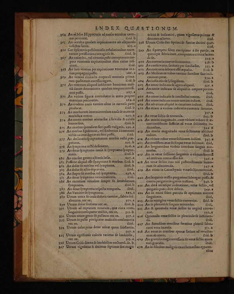 364 Anm 3o Hippocratis ad caufas occultas exter- nas pertineat. ibid.b 365 Anocculto quodam inquinamento aer aliquando .. infe&amp;us fuerit. 285.a 366 Cur dyfenteria peftilentialis exhalationibus excre- torum potiffimüm contagiofa fit. ibid.. b 367 Ancadayéra , vel viventia pefte correptorum cor- pora venenatis éxpirationibus alios citius infi- ciant... ibid. 368 Anu lues venerea per expirationes venenatas in a- lios propagari poffit. 286.4 369. An venena contactu corporali nocentia prima- rum qualitatum exceffu cogant. ibid. b 370 Anvenenum aliquod infidorum hominum mali- tiá datum determinato quodam tempore interfi. cere poffit, 237.4 371 An vitium fieurz contrahatur in utero propter materiam peccantem. 289.2 372 Anerodens cauía tantüm ulcus in carnofa parte producat. ibid. b 375 Anmorborum intermittentium caufa fit materi morbificz motus. i 290.4 374 Anomnis morbus acutus fiat àfervidis &amp; calidis humoribus, ibid. b 37; An morbus fporadicus fieri poffit vulgaris. 291. a 376 Anmorbus Epidemius,, vel Endemius à communi viétüs ratione depravata fieri poffit. ibid. ponatur. i 295. b 378. Aníymptoma re&amp;é definiatur. 196.4 379 Andeturfymptoma cau(x &amp; [ymptomaympto- matis. ibid.b $80 An tria fint genera actionis laf. 297.4 381 Poffitne aliquid effe fymptoma &amp; morbus. ibid. b $82 An dolor fit morbus vel fymptoma, ibid. b 383 An dolor fit actio depravata. ibid. 384 An ftuporfit morbus vel (ymptoma, 298.2. 38; Andeturíymptoma ratiocinationis, ibid. 386 An excretum vitiofum femper fit. fecundarium fymptoma. ibid.b 5387. Andeturfymptomarefpe&amp;u temporis, | ibid. 388 AnVomitio fit (ymptoma. 295,4 389 Utrum unica fit cauía doloris tantüm , fübita (cil. alteratio, nec ne. 302.a $90 Utrum dolor fentiatur nec ne. ibid.b 391. Utrum ad rupturam venarum , qus circa rencs, fanguinis confequatur mictio, nec ne. 3ir.b 392 Utrum unum genus fit pulfuum nec ne. 317.4 293 Utrum in pulíu percipiatur muficalis confonantia nec ne. ibid. 394 Utrum color prius detur urinz quam fübftantia. 320.a $95 Utrum.egeftionis coloris varietas fit laudabilis , nec ne. 323.4 396 Utrum Crifis diurna fit laudabilior noCturná. ib. b 397 Utrum vigefimus &amp; decimus feptimus fint magis H Li critici &amp; indicativi , quam vige(imus primus. &amp; decimus octavus. n ibid. 398 Utrum Crilis dici feptimi fit fortior decimi quar- ti. 1bid, 399 An fipuerpera febre Corripiatur à die partüs, an quo cepit fcbricitare , computatio critica facien- da fit, 324.4 4009 Ancontrariacontrariis curentur. 332. b 401 Anconfervatio, fanitatis per (imiliafiat, |^ 335. a 40» Ancontraria debeantefle qualia. ' ibid. b 493 An Medicus ex tribus tantüm fontibus (aas indi- cationes petat. 334.4 404 Anindicatio fitfyllogifmus. ibid. b 405 Anomne indicans fit agens aliquod, 336.4 406. Ànomnc indicans fit aliquidin corpore perma- nens, ibid. 407 Anomne indicans fit intelle&amp;ui notum, ^ ibid; 408 ÁAnomneindicans unum tantüm indicet. ibid; 409 Án aérctiam aliquid in curationeindicet. ibid. 410 An ctiam à viribus indicatio curatoria fümatur. | 337.4 41t An venz (e&amp;io fit tentanda. 3435. b 4I2 An morbi magnitudo ,cum virium' robore &amp; a4 tate confiftente fufficiat ad vena fectionem in- dicandam, id /344. a 413 An morbi magnitudo venz fe&amp;tionem abfolute indicet. 21€ ibid.b 414. An virium robur venzfeCtionem indicet. ' 34:4 415 An confitens atas fit Ícopusvenz fectionis; ibid, 416. .Àn languentibus viribüs interdum fangüis mit- tendus, Li bivite ormai ibid. b: 417 An in venz feCtione;fanguinis à circumferentia ad centrum retroceffus fiat. i 346.4 418. Àn venz ícctio nou nili poftcoctioneni humo- rum fit admittenda. :347.a 419. An ctiam in Cacochymia venzfectio conveniat, ibid.b 420 An fanguinis miffio purgationi fubrogari poffit,&amp;c Contra purgatio fanguinis miffioni. 348.b 411 .Àn datá utriufque indicatione; venz fe&amp;io , vel purgatio przccdere debeat, - 349.4 42» An in omni febre putrida fit optimum mittere fanguinem. ibid, 4253 Aninveitigine venzfe&amp;tio conveniat. . ibid. b 424. An in phrenitide fanguis mittendus. ibid, 415 .Àn &amp; quoniodo venz.fectio in anginà conve- * niat. 350,a 416 Quomodo venz fectio in pleuritide fit inftituen- da. ibid, 427 An fluendibus menfibus foemina pleurifi Jabo- ranti vena fecanda. : 351.4 418 An venz in cruribus aperta faciant ad revulfio- nem ab utero. ibid. b 419 Angravidismagis neceffaria fit ven fe&amp;tio,quam non gravidis. ibid. 430 Anin febribus malignis exanthematibus apparen- tibue — MÁS CNANVLSESSN