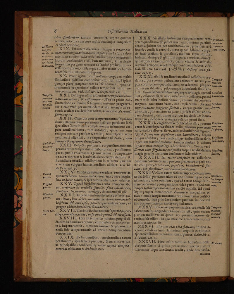 Bre füonlartbzs tantum convenire, utpote quarum omnes particula: cum toto miítionem atque temperiem Difrrunt eandem obtinent, * à : tempera. Xl X. Eftautem diverfitas intemperie rergzz ani- menta re- IHATATAU atq RATE LATUm Utpote cum ba folo calore 722: 451- jmixtionis content: //Lla vero fimuliu temperamentorum niei faorum conftitutione calidum nativum , vi facultatis HOPING: formatricis per generationem ex femine produZum,ne- cellario requirant,ejufdemque confervatione per humo- res &amp; (piritus ialuentes indigeant. X X. Prout igiturtotum noftrum corpus ex multis fimilaribus pattibus compofitum eft, ita illud ipfum quoque plura temperamenta in fefe continet , quz ta- men omnia proportione collata temperiem unam to- tius conftituunt. Pd. Gal. lgb. 1. de opr. conf. CAD. 1. X X I. Diftinguendum tamen inter temperamentum DAIUHPA folus , &amp; ad[fttttinm : Illud in prima con- formatione ex femine &amp; fanguine materno progenera- tur : Hoc veró per mutatiorfem &amp; alterationem ab ex- ternis caufis &amp; accidentibus oritur, Gales. ljb1 de tend, fent. cap. 5. X X LI. Caterum cum temperamentum fit prima- rium inftrumentum operationis ipfarum partium : ideó fpecialiter diverüie zem complexionum in humano cor- pore confiderabimus , tum abfolute , quoad nativum temperamentum partium &amp; totius, tum refpe&amp;tu tem- peramenti adícititii , in comparatione ad ez2£es, azzi tempora &amp; regionum drverfatates, XXIII. Refpe&amp;u partium in Corpore humano tem- peram entum temperatum attribuitur czz , potiffimum- que ei,qua in vola manus: Quamvisenim in comparatio- nead res mortuas &amp; inanimatas hzc etiam caliditate &amp; humiditate excedat , nihilominus in refpe&amp;u partium viventium corporis humani medium obtinet. Gal Lb. ae Tem. cAp. 9. XXlYV. Caliditate autem excedunt veszrum at- que arzertarum tunica tesles renes, lien , cavo mu fcu- lori na jecur pulmo, &amp; ipía caloris officinacor videlicet. X X V. Quoadfrigiditatem à cutis temperie abe- unt cerebrzzs &amp; medulla [pimales , fibra , membrana, tendines , ljgamenta , cartilago , &amp; tandem ipfa offa. XXV 1. Excedentem hamiditatem obtinent, pzl- 290 y Jur » lee teftes 3 /2AUTIPAR, COlEbrum cum medal- la [p1nali, C9. caro ipfa y partes , quà moliskeres cute , eà quoque eadem humtdiores Satnantur. XX V LI. Tandem ficcitate cutem faperant,os,car- tilagoyvinculumtendo , va[a omnis zemerzs C9 cor epfeuem. X XV LII. Hzceft temperies partium proprie di- Garum in humano corpore , cüm quibus etiam conten- ta &amp;impcturuentia, nimirum sores &amp; [peritis di- veris fuis temperamentis ad totius complementum concurrunt, XXIX. Exhisomnibus, continentibus tamen potiffimum , ipíis fcilicet partibus , &amp; maxima ex pat- te principalibus confideratis , Yol iUd corores gempera - eneatea amatur &amp; determinatur. Tempera- yuentuns nativum eo ad[ci- [51717971 Cati^Tem- peraxzen- ium, Calide pet [30 Fiigide $44 [21 Pumide penes. Sicce par- 165 AOUX X Sic illum hominem temperamento tem- Timpera- perato praeditum effe judicainus , qui omnium partium mep!um aptam &amp; juttam obtinet conftitutionem , pracipué veró tempera- jecoris ; cordis &amp; cerebri , itaut quoad habitum torpos Pm ele ris inter craflum &amp; gracilem , mollem atque durum, hirfatum denique &amp; glabrum appareat medius, omnef. queaciones tam naturales, qnàm vitales &amp; animales maximeé tempceratas optimeque conftitutas habeat, p;4. Gal. lib. rt. paro. cap. 514 C9 lib. 3. de fempl, sed. fa- czlt. cap. 15. XXXLAbhic mediocritate nimia é4lidzrare rece- dunt corpora eorum quibus latz venz cum arteriis pro- pter cordis jecorisque caliditatem excedentem , pingue- dinis item abíentia, pilor umque abundantia fimul ab- funt: fi bamtdstas excedens cop jengatar magis carnofi Calidum funt, calore cutis ex albo rübicante conftantes,p rimá bumidym, atate multis Raxionibus obnoxii , animus Ipfis convenit magnus, nec tamen ferox , nec implacabilis » /7 sizà Calidum cua caliditate jangatur. frccttas ,| corpus gracile , ma. /«in emperaes mentum calidum. dansobtinaent, cum animi motibus inquietis , &amp; incon- ftantibus , ideóque ad iram prz reliquis proni funt. XXXLIL Frgidiate Ycró difceduat illi , quorum Tempera- venz &amp; arteriz parvae funt &amp; exiles,pilorum proventus Von Hie rarior colore albo vel flavo, animus demiffior ac fegnior 4 ES Quod /f jumgatur. fésgsditas cum. humiditate , corpus pingue redditur , nervi mufculique- i mbecilliores funt, ingenium maximé tardum ; fomnus multus &amp; animus ignavus maximeque feguis deprehenditur. Contra veró fecestas cum. frigiditate conjuncta corpus reddit durius Frigidus magis gracile ; animum cenftantem fedtimidum. ficcum. XXXIIL Ita zou temperies ex. collatione omnium concurrentium pro complemento corporisno- ftri colligitur, &amp; caliduzz, feígidum, humidum vel ffe- eum , aut. fezmplreiter , aut cozjurclem dicitur. ' X XX I V. Cum autem totíus temperamentum non ex una folüz parte;nec etiam ex uno foiam figno con- je&amp;andum , (ed ex omnium , quz ad totius compofitio- nem concurrunt , comparatione : ideó patet, quod non femper totius téperamenta fint exacte qualia, fed quod fx pius propter membrorum dVexesciay inzqualitas o- riatur , unde temperamentum totius non ftatim cuilibet obviumef, nili primiim omnium partium: in hoc vel illo corpore naturam exacte cognoícamus. X X XV. Et fiverotemperies nativa. tot modis fefe Temperaz habere poteft , nezandum tamen non eít, quin eadem; ent». pluribus modis variari queat , ubi primum ez4£472 di- Vd veríitas fefe offert , in qua maximé temperamentoruim , tranfmutatio accidit. GOXXVI. Etenim eze ez fDatium , in quo a- &amp;ione calidi in fuum humidum cerporis confütutio fponte [enfibilem tran(imutacionem patitur, Galem. lib.i. 4. Temp. cap. 2. t XXXVIL Hzc s&amp;io calidi in humidum noftri gp ccrporis ftatim. à. prima generatione jncipit, &amp; in cxtcemanmi ufque ferectuten tendit , ünde diveríz fta- fguuntur Frigidum unmidunte, Insquali- ? as tempee Yamenta- Tum. TO hh