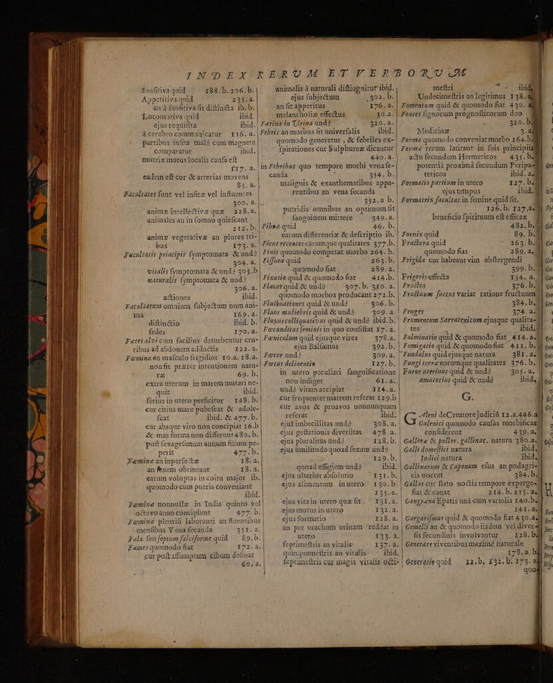 — 2 Sen(itiva quid 188. b. 256. b. animalis à naturali diftioguitut ibid. Appetitiva quid 235.2. ejus fubjectum ,302. b. «n à fenftiva (it dittin&amp;a ib.b. an fit apperitus 176.2. Locomotiva quid ibid. melancholiz effectus 30.2. ejus requilita ibid.| Farina in Urina und3 20 829.2. Acerebro commuhicatur ^ xr6. a. | Febris au morbus fit univerfalis ibid. partibus infita malé cum magnete comparatur ibid. fpirationes cur Sulphurez dicantur motrix motus localis caufa eft ! | 3 40.4; rr7.a. in Febribus quo. tempore morbi venafe- eadem eftcor &amp; arterias movens | €anda ——— NEA T. b. 85.2. malignis &amp; exanthematibus appa- Facaltates funt vel infitze vel influentes rentibus an vena fecanda 300. 8. SIT 352.2 b.| animz intelletive que — 228.2. putridis omnibus an optimum fit aniinales ati in fomno quiefcant fanguinem mittere 249.4. 212. b. | Fibse quid 46. b. anime vegetativa an plures tri- vitalis (ymptomata &amp; und3 395.b uathralis fymptomata &amp; und? ibid. actiones raculiatum omaium, fübje&amp;um num ani- | Flutisationes quid &amp; unda 306. b. iud 169.2. | Flaor muliebris quid &amp; und 209.a. at P ap 5. T»: ; » » 3 4h diftin&amp;io ibid. b. | F'uxuscolliquativus quid &amp; und ibid.b. fedes 170.8.| Fecesalui cam facilius deturbentur cru- ribus ad abdonem adductis I22.4.| Famninaenmafículo frigidior ro.a. r8.2. nonfi przter intentionem natu- rz 69. b. extra uterum in marem mutari ne- quit ibid. | feriusin utero perficitur — 148. b. cur citius mare pubefcat &amp; adole- fcat ibid. &amp; 477.b. cur absque viro non concipiat 16.b &amp; masforma non differunt 480. b. poft fexagefimum annum filium pe- perit 477. b. Famine aninperfectz 18. a. an fenem obtineant 19:5. earum voluptas in coitu major ib. | quomodo cum pueris conveniant 3d ibid octavoannao concipiunt 477.b. Femine pleurifi laboranti an Ruentibus Falx feu feptum falciforme quid — 89.b. Fames quomodo fiat T1723 quomodo genetetur , &amp; febriles ex- earum differentiz &amp; defcriptio ib. 263.b. quomodo fiat 289.2. Fixatio quid &amp; quomodo fat 414.b. 507. b. 310.4. quomodo morbos producant 272.b. Focunditas [eminis in quo confiftat 17. a. Faeniculum quid ejusque vires 378.a. ejus Balfamus 392.b. Fetor und? 309.2. Fetus delineatio I27.b. in utero peculiari fanguificatione | non indiget 6I.a. undé vitam accipiat II4.4. cur frequenter matrem referat 129.b cur avos &amp; proavos nonnunquam | referat ibid. eju$ imbecillitas unda 308. a. ejus geftationis diverlitas, ^ 478. a. ejus pluralitàs ünd3 128.b. ejus fimilitudo quoad fexum und2 129.b. quoad effigiem und ibid. ejus ulterior abfolutio I3r.b. ejus alimentum inutero I30.b. 12502. jus vitain utero quz fit. — I3I.a. ejus motus in utero deegucd ejus formatio 128.21 an per urachum urinam ' reddat in | utero I33.42. feptimeftris an vitalis 127280 quinquemettris an vitalis ibid. meftri  ibid Undecimeftris anlegitimus 138.20 Fomentuom quid &amp; quomodo fiat 430. 4E | Foutes fignorum prognofticorum duo 320. b] Medicinae 5.4] l | Forma quomodo conveniat morbo 264.52 Forme rerum latitant in fuis principiis] Í a&amp;dufecandum Hermeticos — 435. b]. potentià proximá fecundum Peripa-ll| eu teticos ibid. a. Formatio pavtium in utero I27.b.* ejus tefnpus ibid. M in Formatrix facultasin femine quidífit. /— M a 126.b. 127.249] 1» beneficiofpirituum eftefficax |! 482. b. eld Fornix quid ' 89. b. 3 Fratsra quid 263. b. de quomodo fiat 289.a. 9]. Frigida-cur habeant vim abítergendi — 3] du 399. b. 3] da Frigoriseffecta - X54. 2. !| cli Frattus 376. b. ei Fruüttuum fuccus variat. ratione fructuum) | oy, 384. b. | (27 Fruges 374.23... ( Frimentum Sarrateuicum ejusque qualita-1].. | Lir iid - Fulminatio quid &amp; quomodo fiat 414. a.7| y Fumigatio quid &amp; quomodofiat 411. b- 9l qu Fundulus quid ejusque natura 381. adem Fungi terre eorumque qualitates. 376. b. || oe Furor uterinus quid &amp; und? 305.2. | : amatorias quid &amp; unde ibid, 1| ey JS G. ; el G leni deCreatore judici 12.2.44 6.a Galenici quomodo caufas morbificas]| Q confiderent 439.4. r Galline &amp; prllor. galliuac. natura: 380.2 | yy Galli dome[lici natura. ibid. Indici natura - ibid. Gallinarum &amp; Caponum. efas an podagri- cis noceat 384. b Gallus cut ftato noctistempore experge«? fiat &amp; canat 214.b.215. ad JU | Gangrania Epatis unà cuim variolis 140.5. ; 141. 4] y, Gargavifmus quid &amp; quomodo fiat 4.30.24] p, Gemelli an &amp; quomodo iisdem vel diver4 m fis fecundinis 1nvolvantur I28.bd l Generare viventibusmaximé naturale — dy, 178.2. b | Hey cur poftaffumptum cibum deünat 60, a. Geherdtio quid — a.b, 132. b. 173. a8 Aij quod