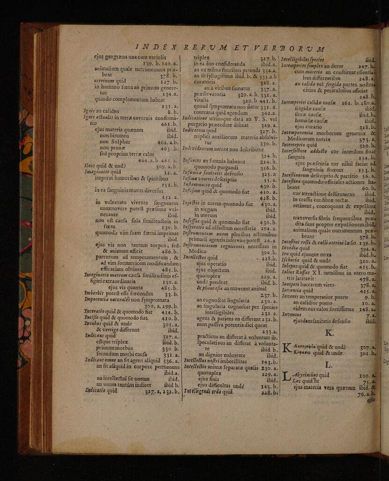 INDEX ejus gangrzena una cum variolis 39. b. 140.a. animalium quale nutrimentum prz- beat uterinum quid 27. Du in humano foetuan primum genere- tur 134.2. | quando complementum habcat I45$.2, Jgris an calidns 8. b. Ignis albualis in terra cavernis confirma- tio 46r.b.| purgatio przcedere debeat 349. a. ejus materia quznam ibid. | Indicatum quid 327. b. non bitumen ibid. triplici auxiliorum | materia abfolvi- non Sulphur 462.2b.| . rur 330. b. non pruns 465. b. | Indrviduorum uatyra non defcribitur fed proprius terrz calor : 324. bi | 464.a.b. 465.2. | Infantes an fomnia habeant 2144 b. Ileus quid &amp; und 309.a.b.| | | quomodo purgandi 356. b. | Imaginatio quid I2.a, Infantie fanitatis defenfio 325.2 imperat humoribus &amp; fpiritibus Infine ventris defcriptio $5.8. r51.b. | Iaflautmatio quid 439. b. in ea fanguinis motus diverfus Tzfiftm quid. &amp; quomodo fiat — 410. a. L$2.2. 428. b. in vulberato vivente. fanguinem Injettio in aurem quomodo fiat 439.2. commovere poteft preíente vul- | in virgam ibid. nerante ibid. | in uterum ibid. non eftcaufa fola fimilitudinis in , I»feffas quid &amp; quomodo fiat — 430.b. foeru 130.b. Ia/piratio ad olfactum neceffaria | 292.a. é&amp; animum afficit 486.b. efficaciam oBtinet 485.b. Inaginatio matrum caufa. fimilitudinis ef- figiel extraordinaria 139.4, ejus vis quanta 485.b. Imberbis poteit effe fecundus 33. b. Impozentie naturales non fymptomata 300, a. 299. b. Taceratio quid &amp; quomodo fiat — 414. b. Incifro quid &amp; quomodo fiat. 410.b. Incubus quid &amp; unde 20$. 4. &amp; vertigo differunt Ibid. Indicans quid. 227.9.| eftque triplex. ibid. b. primum morbus 330. b. fecundüm morbi caufa. 331.2; Judicans omne an fit agens aliquid' 336. a. an fit aliquid in. corpore. permanens ibid.a. anintellectui fittnotum ibid, an unum tantum indicet ibid b. Jüditatio quid 327.4, 232. b. triplex in ea duo confideranda an ex tribus fontibus petenda 334.2. an fitfyllogifius ibid. b. &amp; 335.a.b curatoria 328. a. anà viribusfumatur 337.a. prafervatoria 329.2. b. 431.4. vitalis 329. b. 441. b. quoad fymptomata non datur 331. 4. contraria quid agendum 242.2. Medico 394.b. 228b. ejus opetatio ibid. cjus objectum. ibid. quotuplex 22:194, und? pendeat ibid. b. &amp; pbanta(ra an moveant animal an cognofcat fingularia intelligibiles 23I.2. num.palhva potentia dici queat 223.27 practicus.an differat à voluntate ib. te ibid. b. an dignior voluntate ibid. Intelletius noflyi imbecillitas 14.3. b. quotuplex 229.2. ejus finis ibid. ejus difficultas und. 145. b.. | ratelligendi ordo quid. 228. b; Intempevies fimplex an detur 247. bu cum zzaterid an couftituat eflentla 4 lem differestibm 248.23 an calida vel frigida partes. noftrag citius &amp; periculofiusafficiar El 248.5200 nw : Intemperiei calidv canfz — 262. bx 280.22 frigide caufz ibid ficcz caufa ibid.b humidz caufze ibidut ejus curatio 328. b230 1i Intemperautia morborum genetrix 2M ;, Medicorum nutrix 373. «1 ;, Interceptio quid 329. hd  | Interfetore. addu&amp;o cur interdum fluat m fanguis 154. bo . . EN . » cjus prefentia cur nihil faciat add ;, fanguinis fluxum 153. b  | InteflHinorum defcriptio &amp; partitio $6. a il 1o Inteflina quomodo:officiales actiones hae1| m beant 6o. b. 3| i curattractone deflituantur. — ibid. 4|. in craffis curfibre rect. ibid, | p retinent ; concoquunt &amp; expelluntd| m ibid m transverfis fibris frequentibus praes! y dita funt propter expulfionemibidgl | Lih animalium quale nutrimentum prae beant 378.bz ni Inteflini vetli &amp; colli uterinila(io. 139. b. I rs Iüvidia quid 394. 2. Ira quid ejusque noxa. abid.b, Tin Ifchburia quid &amp; unde 310.234] — Iulepus quid .&amp; quomodo fiat 4I$.b, Iulius Rufus X Y. menfibus in utero maj tris latitavit: ' 478.aii luriperi baccarutn vires 378.44 Iwoantia quid 415.44 Iuvenis an temperatior puero 9. bi an calidior puero Io.4d eidem.curcalorfortiffinus 148.44 Iuventus 7.24 ejusdem fanitatis defenfio ibidz K. in K AxtrpoSía quid &amp; und? 307.280 5 Késaei; quid &amp; unde: 3or.bI ^ L | Jit I5 Abyrinibut quid Xoo. di. Lac quid fit 75.28. ejus materia vera quamam. ibid. &amp;&amp; 76.a.b: ?