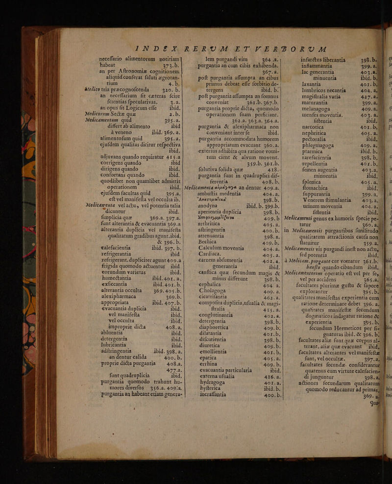 neceffario alimentorum notitiam habeat 272.D. an per Aflronomiz cognitionem aliquid conferat faluti &amp;grotan- tium 4. b. Medico tria przcognofcenda 320. b. an neceffarium fit czteras fcire fcientias fpeculativas, LEY an opus fit Logicum effe ibid. Medicorim Sectze qua 2.b. Medicamentum. quid 395.2. differt ab alimento ibid à veneno ibid. 369. a. alimentofum quid 395.2. ejufdem qualitas dicitur refpectiva ibid. adjuvans quando requiratur 415.a corrigens quando ibid dirigens quando ibid. confortans quando ibid. quodlibet. non quamlibet admittit operationem ibid. ejufdem facultas quid 395a. eft vel manifefta vel occulta ib. dicuntur ibid. fimplicia qui 369.2. 397 a. funt alterantia &amp; evacuantia 369.a alterantia duplicia vel manifefta qualitatum gradibus agunt.ibid. &amp; 396. b. talefacientia ibid. 397. b. refrigerantia ibid frigida quomodo actuentur ibid eorundum varietas ibid. humectantia ibid.4or. a. exficcantia ibid. 40r. b. alterantia occulta 369. 405.b. alexipharmaca 369.b. appropriata ibid. 407.b. evacuantià duplicia ibid. vel manifefta ibid. vel occulta : ibid. improprie dicta 408.a. abluentia ibid. dctergentía ibid. lubricantia ibid. adítringentia ibid. 398. a. an dentur calida ' 400. b. proprie dicta purgantia ^ 408.3. 477.2. fant quadruplicia ibid. purgantia quomodo trahunt ha- moresdiverfos 356.2. 409:a, lem purgandi vim 364 .2. purgantia an cum cibis exhibenda. 367.2. poit purgantia affumpta an cibus | primus debeat effe forbitio de- | tergens ibid. b. poft purgantia affumpta an fomnus conveniat 361.b. 367.b. purgantia proprie dicta, quomodo operationem fuam perficiant. | 362.2. 363.2. 364... purgantia &amp; alexipharmaca non conveniunt inter fe ibid. purgantia accommodata humorem appropriatum evacuant 360.4. exterius adhibita qua ratione vomi- tum cient &amp; alvum movent. 359.b. 361.b. folutiva folida quz 418.4 purgantia funt 1n quadruplici dif- ferentia 408. b. Medicamenta aiuz'ywys an dentur 409.a. | ambuftis medentia 404.. a. Ava op olt ad 398.b. anodyna ibid. b. 399.b. aperientia duplicia 398. b. Sor QA t usd Í oy van 409. b arthritica 405.42. aftripgentia 400.b. attenuantia 398. a. Bechica 409. b. Calculum moventia 404.42. Cardiaca. 405.2. carnem abfumentia . 402.4. generantia ibid. cauftica quz fecundum magis &amp; minus differunt 398. b. cephalica 404. 2. Cholagoga 409.4. | cicatrifantia 462.2. compofita duplicia ,ufualia &amp; magi- ftralia 415.42. conglutinantia 402.4. detergentia 398. b. diaphoretica 409. b. dilatantia 40r.b. diícutientia 398. b. diuretica 409. b. emollientia 40I. b. epatica 405.2. errhina 409. b. evacuantia particularia ibid. externa ufualia A4I6. à. | hydragoga 4OI.2. hyfterica ibid. b. incraffantia 400. b. infarctus liberantia 4398.b. q inflammantia 399.221 P lac generantia ERST | minuentia ibid. bE ^ laxantia 4or. bM v Iutmnbricos necantia 404. a. 201 magiftralia varia 427.89 maturantia 399.2. 2 | melanagoga 409.2. 1 ; menfes moventia., 403. AJ filtentia ibid. d n narcotica 4or.b, 2 P nephritica 405.4. pectoralia ibid, phlegmagoga 409.23. | ptarmica ibid. b. 3 rarefacientia 398. b, MI c repellentia 401.b. 1] femen augentia 403.42, ninuentia Ibid, fplenica 405.2. ftomachica ibid. fuppurantia 499.2, Venerem ftimulantia 403.2. urinam moventia 404.2. fiftentia ibid. | Medicamenti genus ex humoris fpecie pe- 1| tatur 360.aJ8 in Medicamentis purgantibus fimilitudoll. qualitatum attra&amp;ionis caufa non ftatuitur 359.2. Medicamentis vis purgandi ineft non acu, || fed potentia ibid. | à Medicam. purgante cur vomatur. 36r.b. bauflo quando cibandum — ibid, Medicamentorum operatio eft vel per fe, | vel per accidens 565.2. 1 facultates plurima guítu &amp; fapore explorantur 395.b. qualitates manifeftas experientia cum ratione determinare debet. 396. 2. quahrates manifefte fecundum dogmaticos indagatur ratione &amp; experientia 395. b. 1 fecundum. Hermeticos per fi-.- gnaturas ibid. &amp; 396. b; facultatesalie funt qua corpus al- terant,alig que evacuant — ibid, facultates alterantes velmanifeilz funt, vel occulta. 397.29] facultates fecunda. confiderantur quatenus cum virtute calefaciene di junguntur 398.2, actiones fecundarum qualiratum quomodo reducantur ad primas la 369. au ni quat.