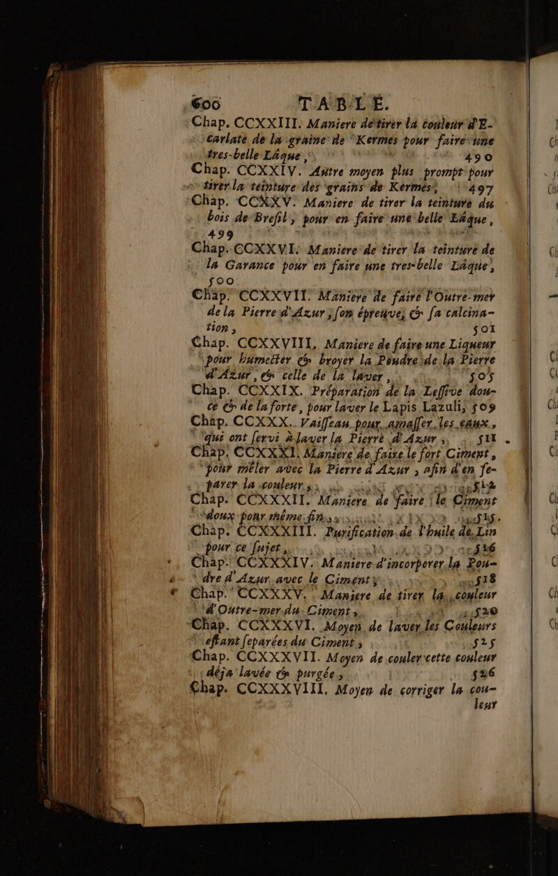 sa af pour en faire une tres-belle Läque; Chap. CCXXVIT. Maniere de faire l'Outre-mer dela Pierred'Azur [om épreñve @ [a calcina- 108 , $01 Chap. CEXXVIII, Maniere de faire une Liqueur \pour, bumeiter c broyer la Poudre de.la Pierre d'Azur, celle de la laver, : . | sos Chap. CCXXIX. Préparation de la Leffive dou- ce € de la forte, pour laver le Lapis Lazuli, $o9 Chap. CCXXX. Vuifeau_pour. armaller. les eaux. qui ont [ervi àlauer la Pierré d'Azur ; su Chap. CCXXXI Mansere de. faire le fort Ciment, ‘pour méler avec la Pierre CI AZUT ; afin 4 en fe- «… parer la couleurs; fre Chap. CCXXXIT. Maniere de faire ‘le Cimens ‘Sdoux ponr héme fly SES, Chap. ÉCxXX IL Farifestien F. à buis 7 Lin pour ce [ujet, 3. 45826 Chap CÉXXRIV. M rt imcorborer. la Pon= \ dre d'Azur AVEC le Cimentÿ.. ‘ .f18 Chap. CCXXXV. Manjere de tirer la couleur ‘d'Outre-mer du. Ciment , \ 51520 “Chap. CCXXX VI. Moyen, de EU les Caburs Seffant [eparées du Ciment ; $2$ Chap. CCXXX VII. Moyen de couler cette couleur déja lavée tn purgée, 526 Chap. re NE Moyen de corriger la er eu