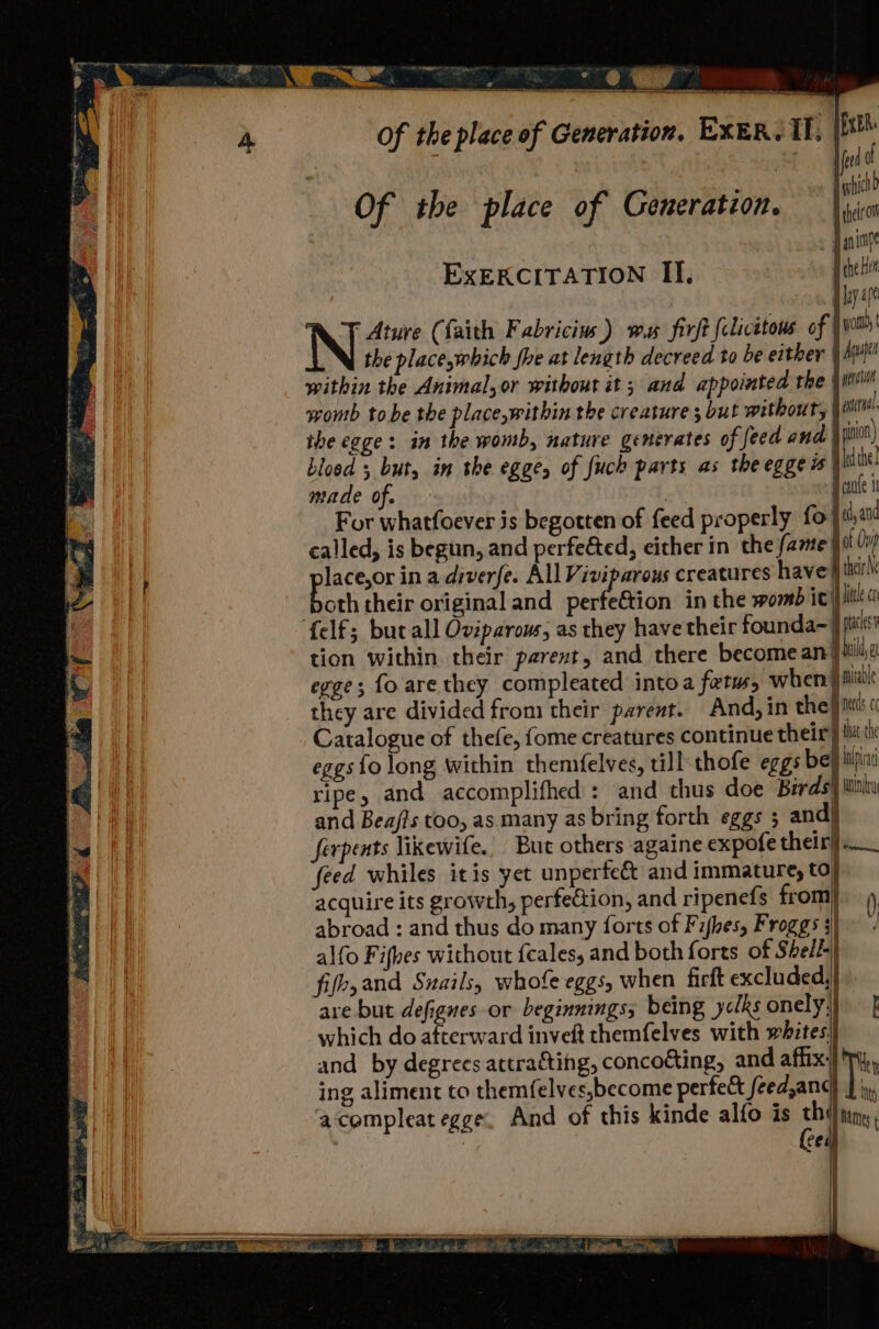 aaaeilion ud inc ES ee! &amp; ‘ew fi a Ss |ExER. ond 0 H hich H their on - Paninpe ExERKCITATION II. i ay ape NY (faith Fabricius) wu firft felicitous of vont the place,which fhe at length decreed to be either ) Agu within the Animal, or without it ; and appointed the q stilit wromb tobe the place,within the creature ; but without, pr: the egge: in the womb, nature generates of feed and ition blood ; but, in the egge, of fuch parts as theeggews J ldihe made of. cane | For whatfoever is begotten of feed properly fo yan called, is begun, and perfe&amp;ted, either in the fame of Osp places in a diverfe. All Viviparous creatures have } litt! oth their original and perfe&amp;tion in the womb ier ipiite felf; bucall Oviparous, as they have their founda~ } its’ tion within their parent, and there become an ili, egge; fo are they compleated intoa fetus, whens jail they are divided from their parent. And, in the eas « Catalogue of thefe, fome creatures continue their} at th eggs{o long within themfelves, till thofe eggs be} ipira ripe, and accomplifhed : and thus doe Birds} unin and Bea/ts too, as many as bring forth eggs ; andj ferpents likewife., But others againe expofe their) feed whiles itis yet unperfet and immature, ta} acquire its growth, perfection, and ripenefs from]. 4 abroad : and thus do many forts of Fifhes, Froggs j) &gt; alfo Fifhes without feales, and both forts of Shell-\ fifb,and Snails, whofe eggs, when firft excluded,|} A of the place of Generation, ExER. II. Of the place of Ginerition. are but defigues or beginnings; being yclks onely,) | which do afterward inveft themfelves with whites) and by degrecs attracting, concofting, and affix!) ri, ing aliment to themfelves,become perfe&amp; feed,anc ‘a‘compleat egge. And of this kinde alfo is thi