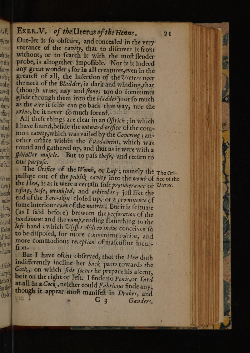 ihythe | Out-let is fo obfcure, and concealed in the very ‘| entrance of the cavity, that to difcover it from hth: | Without, or to fearch it with the moft flender tnthiy | ‘Probe, is: altogether: impoffible. Nor is it indecd for ny } any great wonder ; for in all creatures,even in the tofirs | Qreateft of all, the infertion of the Ureters neer nda, | themeck of the Bladder, is dark and winding,that aswel | (thoush urine, nay and ftones too do fometimes ashi | glide through them into the blidder)not fo much there} 48 the aire it {elfe can go back ‘that way, ner the afces | #2225 be it never {fo much forced. ne iho | _ All thefe things are clear in an Oftrich 31n which ndand | A tave found, befide the outward orifice of the com- ay fap HOO cavity,which was vailed by the Covering 3 an- firme | Other orifice wichin the F undament; which was | round and gathered up, and (huts it were with a | peintier mufcle. But to pats thefey‘and return to Our purpofe. 7 ym ; | » The Orifice of the Womb, or Lap; namely the the ori- | end of the Fore-skin ' clofed UP, or a prominence of fome interiour coat of the matrix) Burit is (cituare (as I faid before) between the perforation of the | fundament and the rump,tending fomething to the | left hand ; which Vdjffes Aldrovindus conceives {6 to be difpofed, for more convenient Coition, and ‘More commodious reception of mafculine incur. - fion... | Bat I have often obferved, that the Hen doth || indifferently incline her back parts towards the Cocks:on which fide foever he prepare his afcent, beit on the right or left. I finde no Penissor Yard i) atall ina Cock »neither could Fabriciys finde anys though it -appear:moft manifet in Drakes, and mx] * C 3 Ganders.