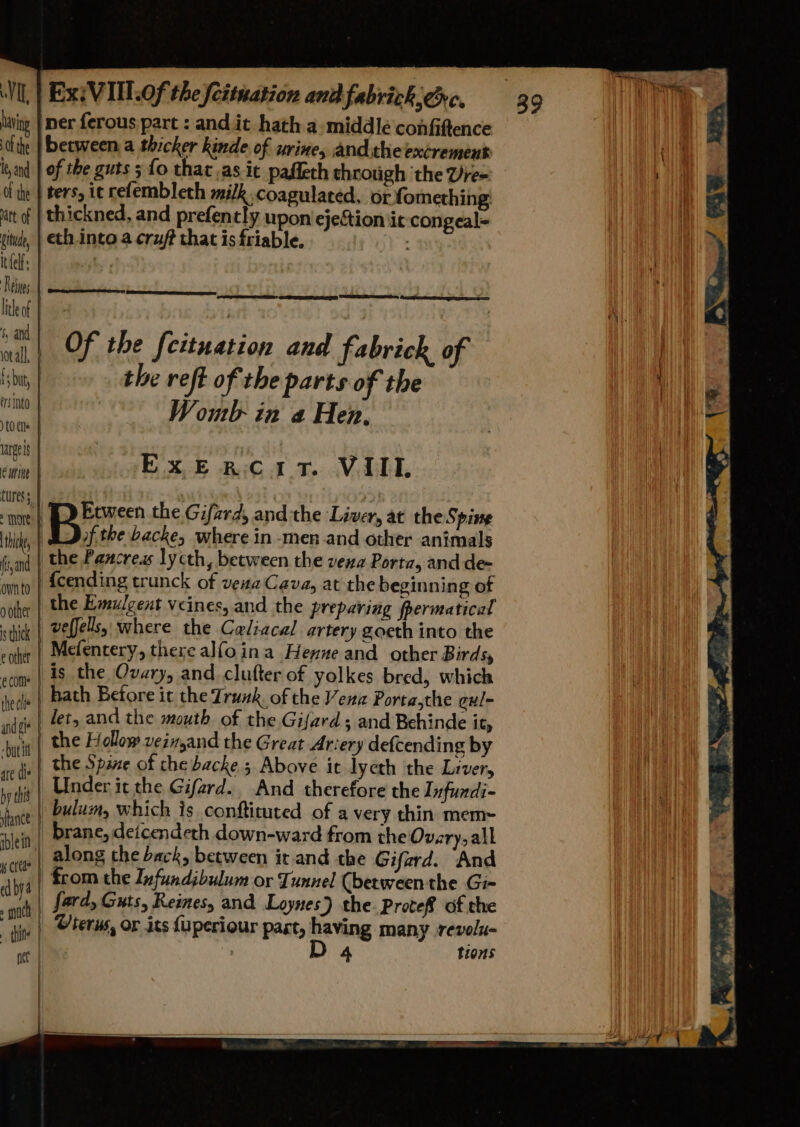 WIL, | Ex: VIU.Of the fettnation ana fabrick, Gre, having ner ferous part : andit hath a-middle confiftence ofthe | between a thicker kinde of urine, andtheexcrement and | of the guts 3 fo that as it paffeth through ‘the Ure= Of the | ters, ic cefembleth milk coagulated, or fomething itt of | thickned, and prefently upon ejection it congeal= (itm, | eth.into a cruf that is friable. ; it felf: yt 3 Reines | lteof |&lt; - : ) . and y ° ° ° wal, | Of the feituation and fabrick of sb, the reft of the parts of the Reve Womb in a Hen. (0 eis inal ExEaRCcitT. VIII. mae Bes the Gifard, and the Liver, at the Sping thik, af, the backe, where in-men.and other animals fsyand | the Pancreas lycth, between the vexa Porta, and de- oto | 4cending trunck of vena Cava, at the beginn ing of noite | the Emulgent veines, and the preparing fpermatical shige | Peels, where the Caliacal artery goeth into the eo | Mefentery, there alfoina Henne and other Birds, cco $5» the Ovary, and clutter of yolkes bred, which ted | Bath Betore it the Trunk. of the Vena Porta,the gu/- inddle | let, and the mouth of the Gifard; and Behinde it, vit | the Hollow vein,and the Great Arvery defcending by ‘ede | the Spane of che backe 3 Above it lyeth the Liver, i | Under it the Gifard. And therefore the Infundi- ve | bulum, which is conftituted of a very thin mem~ 1) , | brane, detcendeth down-ward from the Ovary, all I il along the back, between it and the Gifard. And fd | from the Infundibulum or Tunnel (betweenthe Gi- | ‘ | fard, Guts, Reines, and Loynes) the Protef. of the te _ Uterus, or its {uperiour past, having many revolu- ot | D 4 tions } a Se ——s (=