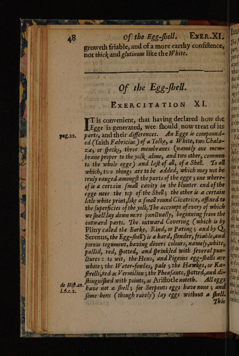 T Esat Of the Egg-fbell. ExERCITATION XI. T is convenient, that having declared how the J!’ Egge ‘is generated, wee fhould now treat of its J p2Zg.22. rf BR fa the (uperficies of the yolk. Fhe accompt of every of which we fnall lay down more puntinally, beginning from the} outward parts. The. outward Covering (which is by i Pliny called the Barke, Rind, or Paring 3 and by Quay Serenus, the Egg-(hell) is a bard, flender, friablesand) a porows tegument, baving divers colours, namely whites pel pallid, red, fpotted, and fprinkled with feveral pune We Cures: to wit, the/Hens, and Pigeons egg-fhells are’ te white; the. Water-fowles, pale 5 the Hawkes, or Ka- hota fivells,red as Vermilion; the Pheafants, fpotted,and die} tle de Hiftan Ainguifbed with points, as Axiftotle noteth. Alleggs ie Se. bave not a fhells, for Serpents eggs have none 5 and | mi fome-hens (though rarely) lay eggs without a fhell.) ail is| tnd &gt;——