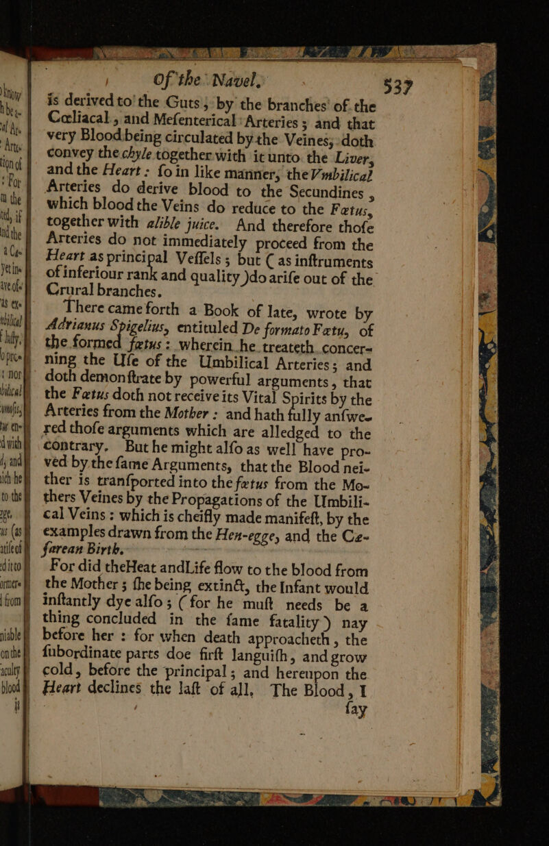 is derived to’ the Guts 5: by the branches’ of the Celiacal., and Mefenterica] ‘Arteries ; and that il | very Blood:being circulated bythe Veines; doth he convey the chyle together. with it unto. the Liver, Ng and the Heart: foin like manner, theVmbilica? Arteries do derive blood to the Secundines : which blood the Veins do reduce to the F aetus, | together with elible juice. And therefore thofe nd the Arteries do not immediately proceed from the ili] Heart as principal Veflels ; but Cas inftruments tis} of inferiour ioe and quality )doarife out of the ‘Neo’ ~6CGrural branches. iS tye | There came forth a Book of late, wrote by nbilicl | Adrianus § igelius, entituled De formato Fatu, of ‘hil the formed fetus : wherein he. treateth, concer= pel ning the Ufe of the Umbilical Arteries; and doth demon ftrate by powerful arguments, that the Fetus doth not receive its Vital Spirits by the | Arteries from the Mother : and hath ully anfwe. red thofe arguments which are alledged to the contrary. But he might alfo as well have pro~ | ved bythe fame Arguments, that the Blood nei ther Is tranfported into the fetus from the Mo- | thers Veines by the Propagations of the Umbili- | cal Veins : which is cheifly made manifeft, by the examples drawn from the Hen-egge, and the Cz- farean Birth, i : For did theHeat andLife flow to the blood from the Mother 5 fhe being extin&amp;, the Infant would | inftantly dye alfo; (for he muft needs be a | thing concluded in the fame fatality) nay able} before her : for when death approacheth, the onthe fubordinate parts doe firft languifh, and grow salty | cold, before the principal ; and herenpon the blood Heart declines the laft of all, The Blood, I fay