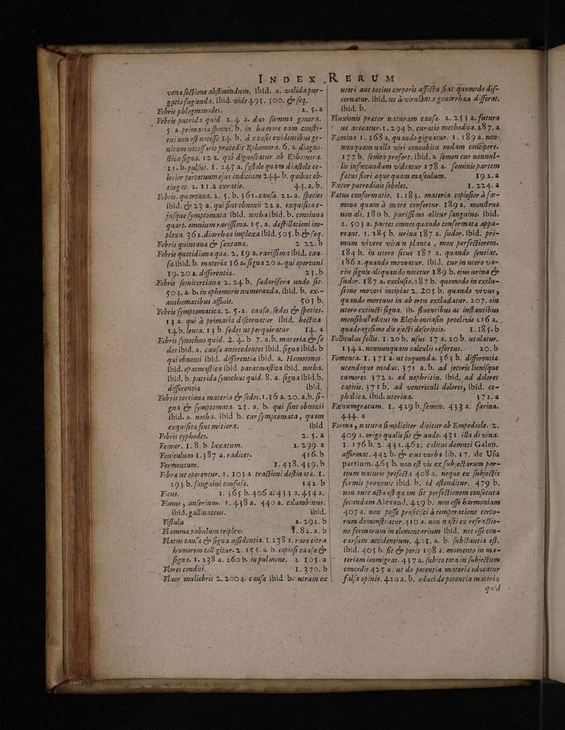 a ai z eA LÁ LÁ amo X Rei aL. Tn E vena [etlione abflinendum, ibid. a. validapur- gatio fugienda. ibid. ide 4.95. 500. Qo feq. Febris phlegmonodes. 2. $44 $. a. primaria fpecies. b. im. bumore eam conftt- eui non eft noceffz 14. b. à caufis evidentibus ge- nitam aecef'ario praced:t E»bamera. 6. a. diagno. (lica figna. V2. a. qui dignofcatur ab. Ebbemera. uteri aut totitus corporis aff.cla fiat quomodo dif- cernatur. ibid. uz à-virulbnta gonorrbaa differat. ut ArCOAIUY Y 2,04 b. curatio rietbodica. 18 7. a tingat. 1. 11.8 CHratio. 4,4.a. b. 7vDrtó. QHAFIAd242, L, $9.0. )I.CAH/A8. 121.2. ec!es$ Febris. q b. 361. caufa a Á ibid. c 23 a. qui fiat obnoxii 22 a. exqui[itae- ju[que fymptomata ibid. motbaibid. b. continua quart. omnium rariffrma. YS . a. deftillationi im- Febris quintana c». fextana. 2 22.b Febris quotidiana qua. ^, Y9 a. rariffima ibid. cau- J I9. 20 a. dfferentia. 23.b Febris femitertiana 2. 24. b. fudorifera unde fit. $04. a. b. in ephbemeris numeranda, ibid. b. ex.- Febris fymptomatica. 2.. 5.2. caufa, fedes c» [pecies. 13 a. qui à primaria d'[cernatur. ibid. bedica 14. b. lenta. 1 3 b. fedes ut perquiratur. — 14. a des ibid. a. caufa antecedentes ibid. (ignaibid. b qui obnoxii ibid. differentia ibid. a. Homotonos. ibid. ePacmafPica ibid. paracmaffica ibid. motba. ibid. b. putrida [ynocbus quid. 8. a. (igna ibid.b. differentia ibid. Febris tertiana materia ir fedes. Y.XÓ6 a. 10. a.b. fr- gna (» (ymptomata. 11. a. b. qui fint obnoxii ibid. a- zotb2. ibid b. cur fymptomara , quam | exquifita fint mitiora. ibid Febris typhodes. 07$. Femur. 1.8. b. luxatum. j 2.299.a Feniculum Y.397 a. radices. 416.b | Fertmentum. 1.458.439. b | Fibra ut operentur. v. 103 a. tractioni deflinata. Y. 193 b. fangauini confufs. 142. b | ICs. 1. 365 b. 406a:433 a. 4.54 a. Fiumus , an(evimua. Y. 4.39 a, 440a. columb:nus. ibid. gallizaceus. ibid. Fifiula 2. 292.b; Flamma babulum triplex. Flores conditi. nunquam nullo viri concubitu, smolam concipere. 177 b. fenien profert. ibid. a. femen cur nonnul- fatus fieri aque quam ma/sulum. I9 2.4 Fetor putredinia (oboles. I.224.a Fatus conformmatio, 1.183. materia copioftor à [e- mina quam à mare confertur. Y89 a. men(iruo non ali. 380 b. puriffimo alitur (anguine. ibid. 2. $0 a. partes omnes quando conformata abpa- rent. 1. 185 b. uriza 197 a. fudor. ibid. pri- mun vivere viram planta , mox perfectiorem. 184 b. ip utero [itus 187 a. quando fentiat. 186 a. quando moveatur. ibid. cur in utero va- vits [ignis-aliquando notetur X89 b. ejtus urina c» fudor. 187 a. exclufto.18 7 b. quomodo in exclu- fione moveri incipiat 1. 205 b. quando vivus , quando mortuus in ab ortu excludatur. 107. ain utero extincti figna. ib. fluentibus ac. inflantibus menfibus editus tm Elepbantiafin proclivia 116 a. quadrage[vmo d'e ejecti defcriptio. I.185.b Folliculus fellis. Y. 2,0 b. ufus. 7 a. 20 b. utalatur. 134.2. 20nnunquam calculis refertus. io.b Fomenta. Y. 3 7 Y a. ut coquend a. 363 b. differentia utendique modas. 371 a.b. ad jecoris lieni[que tumores. 372, a. ad. nepbritin. ibid, ad. dolores capitis. 37 X b. ad. ventriculi dolores, ibid. ce- phalica. ibid. uterina. 372.a Faenumgracum. Y. 419 b. femen. 433. farina. 444. a 4.09 a. origo qualis [it (n unde. 43 t. illa divina. I. 176 b. 2. 441. 462. celitus demitti Galen. affirmat 44 b. c5 ejus verba lib. 17. de Ufu partium. 4.65 b. non eff vis ex fubjeftarum par - ttum naturis profeta 4C9 a. neque ex fubjedlis formis proven; ibid. b. id offenditur. 479 b. nn ante acta eff qu um fit perfectionem confecuta fecimdum Alexand, 419 b. non effe barmoniam 4073. non poffe proficifci à tempberatione corbo- vum demon[ivatur.4YO a. non na[ct ex vefratiio- ne formarum in elementarium ibid. nec effe con- car[am accidentium. 4.21.8. b. fabRlantia eff. ibid. 405 b. fiz eh» perit 198 a; momento in ma- teriam immigvat. 437 a. [ubitotota in [ubjetium qid