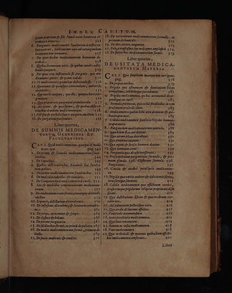 INDEX Cc quam proprium en fi bi familiarem bumorem ex: trabere ? £orpor e». 325 6. Purgantis. medicamenti facultatem à noftro ca- lore excitari , fabilantiam vero ad exburgandum bumnorem non permeare. 3217 Per quos ductus medicamentum bumorem de- trabato. 328 8. Quibus bumorum vitiis, (b quibus morbis adbi- benda purgatio, 219 9. Per quas vias inflituenda ftt purgatio, quo me- Bicamenti genere, &amp;'n quam valido. 330 I0. Vt medicamenti quantitas definienda fit. 3 51 II. Quantum (» quou[que vacuandum y untver[ey anpartite». 332 12. Guo morbi tempore , quo die, quaque bora pur- gandurm. 334 13. Que prabaratio purgationi pramittenda. 337 I4.. 4n jejuno , (^ qua forma , C quibus ii tion!bus dandum medicamentum. 1 $.Vtil'fae c perfecta fuevir purgatioyan citra: i à 9 16. De purgatione particulari. 34I LÀ] /* Liberquartus, DE SUMMIS MEDICAMEN- TORUM, GENERIBUS ET FACULTATIBUS. A P. I. Quid medicamentum, quotque id modis ip nos agat. p3g.342 1.. Deprimis C». [ecundis medicamentorum f 4cul- tatibus, 344 3. DeSaporibus, 345 4. Quibus obfervationibus, flatuendi [int. faculta- tum ordres, 34-9 $- Dezeríiis medicamentorum facultatibus .. 5 $1 6 De med;cis ponderibu: &amp; men[uris. E 7. De Componendoriüi medcamentorii caulis. 35 5. 8. Lex( methodus componendorum medicamen- Torufm. 357 9. Demedicamentorum formiisyeorumque elitiendis viribus. 359 IO. Liquoris, de[fillatione eliciendivatto. 360 11. De infufione, elixationes C» [uccorutà extr adtio- | ne». 362 Y 2. Dejulepo, apoxemate &amp;» fyrupo. 364 | 1 5. De clyffere &amp; balano. 366 | 14. De potione burgatoria. 367 1 5. De folidioribus formis,ac primi de pulvere. 3 67 16. De mediis medicamentorum formis , primum de lin&amp;ia. 3^9 17, De fuceis medicatis Cn conditis. 379 A PXI:|T3;U«.M, 18. De externorum medicamentorum fermulis , ac primum de bumidis. 371 19. De oleo, cerato, unguento. 37 10, Pulsycataplafina feu tmalagma,emplafirii. 3 7 4. 1I. De ficcioribus medicamentorum formis. — 379 Liber quintus, DEUSITATA MEDICA. MENTORUM MATERIA. C A P. T. Qua fitnblicem intempberlem corrigunt. pag. 378 1 Depraparantibus. 379 3. Frigida que efluantem (^ ferotientem E compefcunts inbibentque putredinem. 381 4. Frigida medicamenta, quibus attenuandi deter - gendique vis inest. 28z p Formula potionum, qua ex bis fleplicibus in rem Prafentem pyafcvibi folent. 318 4 6.. Medicamenta quibtus ilis atra domatur cr qui- bus praparatur. 39$ 7: Calida medicamenta fumblicia frisudos bumores praparantia. 386 8.^ Purgantium medicumentorum materia, 388 9. * 6jua bilem fl av am ducunt. 389 to. Gua atram bilem detrabunt. 391 I1. Qua pituitam educunt. 39t ! 2. Qu aquas Cr ferofos bumores dutunt. 392 13. Gu2 vomitum cent. 394 1 4. Purgantia qua ab ufa retejferunt. 395 t$. Praftriptionum purgantium formula , e pri- mum elandis. 396. Clyfterum formula. 396. Purgationes. 397 16. Capitis (n cevebri petuliaria. medicamen- 74. 17. Frigida qua capitis avdores (» deliriamitifi Vei accer[untque fomnum. 41I 28. Calida meditamenta qua affetiuum | cerebri , prafertimque frigidorum reliquias proprietate d; jà fipant. 401 19. Qu deffillationes füflunt e qua cerebrum cor- roborant». 404 10, 44d pulmonum petlori[que vitia, 40$ Li.Gw2 cordis ditutiant affeiius. 407 21, Ventyiculo accommodata. 4ro 23. Tecori beculiaria smedicamenta. 412 24. Qua lieni conveniunt. 413 2,5. Renum ac ve[ca medicamenta. 41$ 3 6. Vteri medicamenta. 415 27. Qua arthritidi d externis quibu[dam affetti- bus medicamenta conferunt». 410 Liber