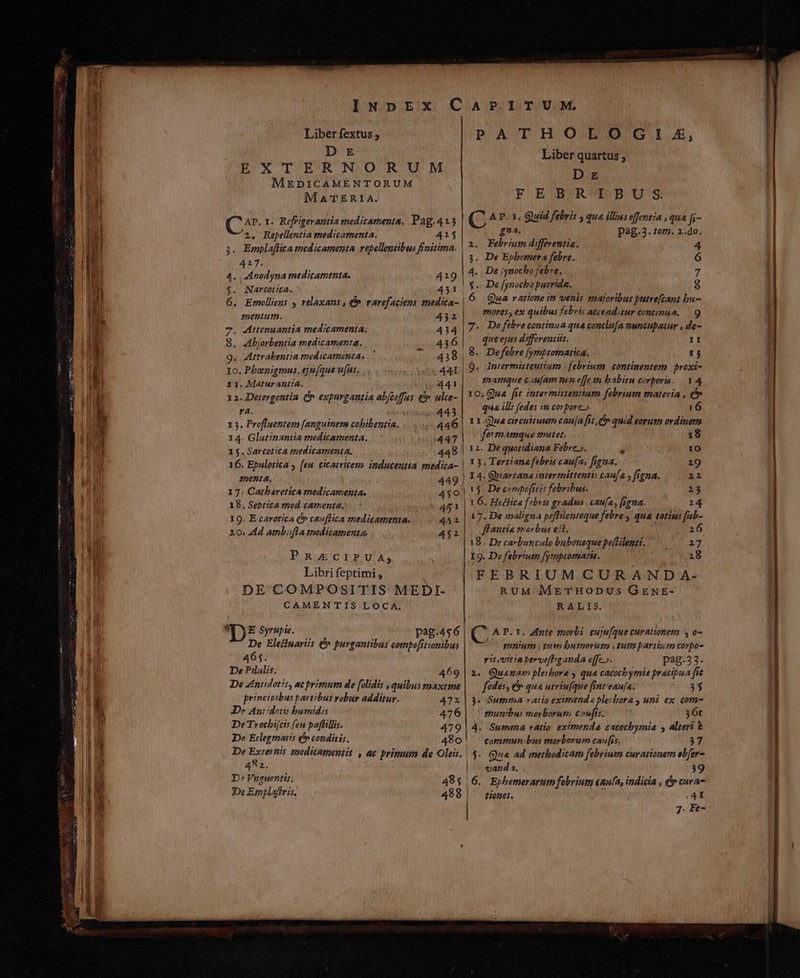 Liber fextus ; DE EXT ERNORUM MEDICAMENTORUM MATERIA. C AP. 1. Refrigerantia medicamenta. Pag.415 »J 2, Repellentia medicamenta. 41$ 3. Empla[lica medicamenta vepellentibus finitima. 417. 4. A nodyna medicamenta. 419 $. Narcotica. 451 , 6. Emolliens relaxans , n rarefaciens tnedica- | menium. 432 7. Attenuantia medicamenta. 434 8. Abjorbentia medicamenta. 20436 9. ttrabentia medicamenta, ROEET 10. Phbanigmus, eju(que ufus. pss 444 21. Maturantia. 44! 12. Detergentia (n expurgantia abfeoffus €. ulce- yA. 443 13. Profluentem [anguinems cobibentia. 446 14. Glatinantia medicamenta. 000447 15.Sarcotica medicamenta. 448 16. Epulotica » [eu cicatricem inducentia medica- 22€nt4. 449 17; Catbaretica medicamenta, 450 18. Septica med camenta,... 451 19. E'carotica (» cauflica medicamenta. 452 20. Z4d ambufla medicamenta. 452 PRZECIPUA,; Libri feptimi, DE COMPOSITIS MEDI- CAMENTIS LOCA. De Electuariis € purgantibus compe[itinibus 465. De Pilulis. 469 De Ztniidotis, ac primum de [ulidis , quibus mmaxtme principibus partibus robur additur. 472 De Ani :dotis bumidis 476 De Trothijcis feu pa[ftillis. 479 De Eclegmatis (» conditis. 480 42. D» Vnguentis; PATHOLOGIZXZE, Liber quartus , Dr FEBRIBUS C A P. 1. Quid febris , que illius effentia , qua f- gna. p28-3-. fom. 2.do. 2. Febrium differentia. 4 3. De Epbemera febre. 6 4. . De (ynocbo febve. 7 $.. De fynocho purrida. 9 6 Qua ratione in venis majoribus puitrefcant bu- mores , ex quibus febris accenditur continua, — 9 7. Deftbrecontinua qua conclufa nuncupatur , de- que ejas differentiis. II 8. Defebre [(ymptomatica. 13 mamque caufam nen effe m babitu corporis. 14 10. Qua fit inter mitientiar febrium materia , &amp; qua illi fedes in corpore» 16 11.Qwa circultuum cauja fii n quid eorum ordinem formamque mutet. 18 12. Dequoridiana Febre».  10 13. Tertianafebria caufa, figna. 19 I4. GQrartana intermittentis caufa , figna. 1l | 15. De compo[tt it febribus. 13 t 6. Hedlica f*bru gradus. caua, [sgna. 24 17. De maligna pefHilenteque febre , qua totius (ab- flantia morbus ett. 1 18. De carbunculo buboneque pe(tilentt. ' 27 19. De febrium [ysmptomattas. 18 FEBRIUM CURAND A- RUM METHODUS GENE- RALIS. ( A P. Y. Zinte morbi euju[que curationem y o- mnium tum bumorum tum parium corpo- yisvitiabervefig anda effe». pag.33. à. Quamam pleibore y qua cacocbymia praecipua fit fedes e qua utriu(que fint'eaufa. 35 3- Summa vatio eximenda plecbora , uni ex. com- enun ibus morborum cowfis. 36r 4. Summa ratio eximenda cacocbymia , alteri &amp; commun.bus morborum canis. 37 $- Que ad metbodicam febrium curationem ebfer- vand a. 39 tiones. 4E