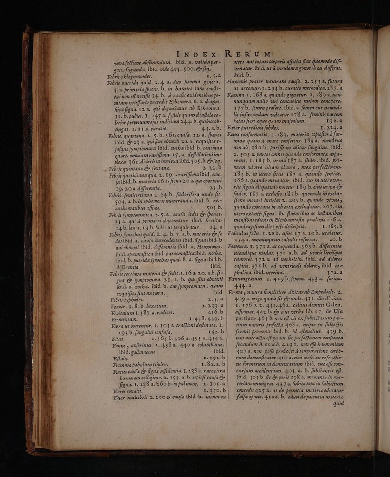 C4 ——- vena fetlione abftinendum. ibid. a. validapur- gatio fugienda, ibid. vide 495. 500. e fta, Febris pblegmonodes. 1.6.2 Febris butrida quid.. 1.4. a- duo fumma genera. uino eft neceff 34^ b. à caufis evidentibus ge- nitam ueteffario pracedit E»bemera. 6. a. diagno- flica figna. 12 a. qui disnoftatur ab. E»bamera. It. b. pulfus. Y. 24.5 a. fyflole quam diaffole ce- tingat. 1. Y1.a CHYALUO. 4.4. a. b. Febris. quartana, x. $. b. 36 t. caufa. 2.1. a. [pectes ibid. d 2,3 a. qui [rnt obnoxii 22 a. exquifitae- quart. omnium rariffima. YS. a. deftillationi im- Febris quintana ( fextana. 2. 32. b Febris quotidiana qua. 2., Y9 a.variffimaibid. cau- I9. 20 a. differentia. Febris femnitertiana 2,. 14, b. f'üdorifera unde fir. antbematibus affiau. 13a. qui À brimavia difcernatur. ibid. becfica- 14. b. lenta. 15 b fedes ut perquiratur I4. a des ibid. a. caufa antecedentes ibid. (ga ibid. b qui obnoxti ibid. differentia ibid. a. Homotonos. ibid. b. putrida [ynotbus quid. 8. a. (igna ibid.b. diffoventia ibid. Febris tevtiana materia qr [edes.X.Y6 a. 2.0. a.b. fi ibid. a. zotba. ibid b. cur fymptomata , quam exquifita fiat mitiora. ibid Febris tybbodes. Femur. 1.9. b. luxatum. Feniculum 1.397 a. radices. Fermentum. I.438.43 Fibra ut operentur. Y. 103 a. tratfioni deffinata. Y. 193 b. fanguin? confa[a. Fits. Fimus y anfevinus. 1. 4.39 a. 440 a. columbinus. ibid. gallzacems. Fiflula Flamma babulum triplex. Flatus caufa t» [igna affidentia. Y.138 a. varo citr: bumorem colligitur. 2. X$ $. a. b. eopiofr caufa (5 fígna- x- 138 a. 60 b. izpulne.. 2. I0$.a Flores conditi. I.370. b Fluor muliebris 2,100 a: caua ibid. b. utrum ex 2. 29 41 uteri aut totius corporia affztlu fiat quomodo dif- cernatur. ibid. ut à virulenta gonorrbaa differat. ibid. b. Fluxionis prater naturam caufe. 2.1.5 3 a. futura nunquam nullo viri concubitu: zmolam concipere. 177 b. femen profert. ibid. a. femen cur nonnul- lis infeecundum videatur 1 78 a. feminis partem fatus fieri «que quam ma/eulum. I92.a I.224.4 mina quam à mare confertur. 389 a. men(iruo non ali. 380 b. puriffimo alitur fanguine. ibid. 21. $03 a. partes omnes quando conformata appa- veant. Y. 185 b. urina 187 a. füdor. ibid. pri- mum vivere viram planta , tmox perfectiorem. 184 b. in utero [iius 187 a. quando. fentiat. 186 a. quando moveatur. ibid. cur 9m utero va- vits fignis Aliquando nowetur Y89 b. ejus urina c fudor. 197 a. exclufto.18 7 b. quomodo in exclu- fione moveri incipiat 2. 205 b. quando vivus y quando mortuus in ab ovtu excladatur. 107.31 tttero extintdi figna. ib. fluentibus ac. inflantibua menfibus editus in Elebb antiaftm. proclvuia x 16 a. quadrage[umo die ejecti defcriptio. I.185.b Filliculus fella. 1. 10 b. ufus. Y7 8. 20 b. utalatur. 134.2. nonnunquam calculis vefertus. 10.b utendique modas. 3 71 a. b. ad. fecoris lienifque rumores. 372. a. Ad. nepbritin. ibid. ad. dolores capitis, 37 Vb. ad. ventriculi dolores, ibid. ce- phalica. ibid. wterina. 172.9 Fenumgratum. X. 419 b.femen. 433. farina. 444. a Forma y natura [impliciter dicitur ab Empedocle. 2. 4.09 a. origo qualis [st tn unde. 43 x. illa divina. I. 176 b. 2. 4417462. caelitus demitti Galen. affirmat. 442, b. (&amp; ejus verba lib. 17. de Ufu partium. 4.65 b. non eff vts ex fubyettarum par - tinm naturis profetka 468 a. neque ex f[ubjetiis fermis proveniz ibid. b. id offenditur. 479 b. non ante actu eft quam [it perfectionem con[ecuta fecundum Mexand, 419 b. non effe barmoniam 4072. nom poffe proficici a temperatione corbo- vam demonffratur.4YO a. non nafci ex refractio- ne formarum in elementarium ibid. nec effe con- cur[um accidentium. 4,5X.a. b. fubsiantia eft. ibid. 405 b. frz ef» perit 198 a. momento in ma- teriam immigrat. 43 7 a. [abitotota in [abjecium concedit 42,8 a. ut de potentia materi« educatur fl[a opinio. 4.10 a. b. educi depotentia materie ! quid