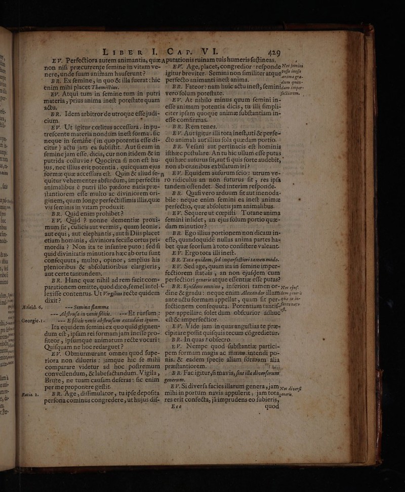 2 Dil- yag TOU, Iro hoc tus rüm- node kn. Bii ty fled rabo Anio yum uit qui munt hi, Jenn pro feieve t Dill minem cce ];mà eAfi« mte t, di t De | JEneid. 6, | Raise. 2. Li:rrn IL non nifi precurrente femine in vitam ve- nere, unde fuam animam hauferunt? B R. Ex femine, in quo &amp; illa fuerat : hic enim mihi placet Tbem:ft im. EV. Atqui tum in feminetum in putri materia ; prius anima ineft poteftate quam au. BR. Idemarbitrorde utroque effejudi- cium. , EV. Ut igitur coelitus acceftura , in pu- trefcente materia nondum ineft forma; fic neque in femine (in quo potentia effe di- citur ) actu jam ea fubfiftit. Autfieam in femine jam effe, dicis, cur non itidem &amp;in putrida colluvie? Quocirca fi non eft hu- jus, nec illius erit potentia, quicquam ejus Cr VI 429 EF. Age,placet, congredior : refponde Nec Jezin igitur breviter. Semininon fimiliter atque» /»i» perfecto animanti ineft anima. Mif BR. Remtenes. EV. Autigitur illi tota ineft;uti Gc perfe- &amp;o animal autiliius fola quzedam portio. BR. Vefani aut pertinacis eft hominis ifthzc poftulare: An tu hic ullum effe putas qui hzec aufurus fitjaut fi quis forte audebit, ' non ab oranibus exbilatum iri? animalibus e putri illo pzedore natis prz- itantiorem effe multo ac diviniorem ori- ginem, quam longe perfectiffimis illis,quz visfeminisin vitam produxit. B R. Quid enim prohibet? EV, Quid ? nonne dementiz proxi- mum fit, culicisaut vermis, quam leonis; aut equi , aut elephantis autfi Diis placet etiam hominis, diviniora feci(le ortus pri- mordia ? Non ita te infanire puto : fed fi quid divinitatis minutiora hacab ortu fünt confequuta, multo, opinor, amplius his plenioribus &amp; abfolutioribus elargieris ; aut certe tantundem. tandem oftendet. Sed interim refponde. B R. Quafivero arduum fitaut inenoda- bile: neque enim femini ea ineft animae . perfectio, quz abífolutis jam animalibus. EV, Sequereut coepifti:. T'otaneanima feminiinfidet, an ejus folum portio quz- dam minutior? B R. Ego illius portionem non dicam in- effe, quandoquidé nullas anima partes ha- bet quz feorfum àtoto confiftere valeant. E V: Ergotota illi ineft. B R. Tota quidem, fed imperfetliori tamen tnodo. EV. Sedage, quam itain femineimper- fectiorem ftatuis , an non ejufdem cum lexiffe contentus. Ut Virgilius recte quidem dixit? --- Semina flamma --- Abflrufa in venis filiis. |.---- Et rurfum : --- E [ilicis venis abflrufum excuderet ignem. Ita equidem femini ex quo quid gignen- dum eft ; ipfam rei formam jatn ineíle pro- fiteor , ipfumqué animatum recte vocari: Quifquam ne hoc redarguet ? EV. Obmurmurant omnes quod fupe- riora non dilueris: jamque hic fe.mihi comparare videtur ad hoc. poftremum convellendum, &amp; labefactandum. V igila , Brute, ne tuam caufam deferas : fic enim per me proponere geftit. B R. Age , diffimulator , tuipfe depofita perfona cominus congredere ; ut hujus dif- dine &amp; gradu: neque enim A4lexazder illam de» ge» 5 ante actu formam appellat, quam fit per-4*» i i»- fectionem confequuta. Potentiam tantif-/7 «n4 per appellare, folet dum .obfcurior ddhuc^ ^ eft &amp;c imperfectior. EV; Vide jam.in quasanguftias te prze- cipitare poffit quifquis tecum cógredietur. B R. In quas ? obfecro. EF. Nempe quod fubftantiz partici- pem formam magis ac mints:intendi po- nis, &amp; eadem fpecie aliam fOrmsam. alia praítantiorem. t sig B R. Fac igitur;fi mavis, fin: illa diverforum: generum. Í E V. Si diverfa faciesillarum genera ; jam y, diverf mihiin portum navis appulerit ; jam tota,ceers, res erit confecta, jàáimprudens eo fubieris, Eee quod