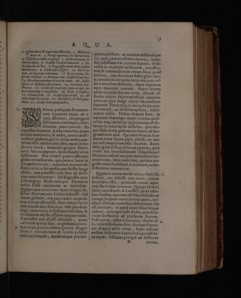 1, 2. i7 1. Sim terre &amp;» aque ante diluvium. 2. Meditatio -Autbork. 3. Vorago aquarum, [ve Baratbrum. 4- Diflributio illins voraginis: 5. Sedie venarum, il- Bins vordginh, 6. Fruwu Peroledi minerals. 7. Sa- lia migrant in Bur. 8. Progreffns mineralium ad fuas maturzates. 9. Unde pifces foffiles. 10. Im vena- vum ,in liquorem contentwn.. Y1. Locus jejunus Sa- pientis Cobeletb. 12. Fontium ortus -Ariffoteli nefcitus. I3. ZMundum votundum ab ortu in ortum. Ab Auftro autem ad -Auftrum ,efe teretem. Y 4. Occupatio obje- Ciomum. Ys. Centuralis propriesas fuam accipit de- Tern;inationem à necefiitate.. 16. Ratio à fontibus. 17. 4 motu Solis. 18. .A jula ficura Celi. 19. .Ab authoritate Sacrorum. 20. Ab umbris, &amp; diei quan- Titate, 21, 44 vifo Sole navigantibus. Altem;poftquam firmamen- ? tum fepararet aquas -ab a- 2? quis ZEternus, congregavit »: fublunares, earumque colle- / (6 ionem, mare vocavit. Ex oppofito diámetri, Arida eminebat,quam terram nominavit; &amp; ambo, unum confti- tuebant globum,qui in terra medio;pau- lulum effet eminentior ideo, quod in mc- dietate terrae , immenfo gurgite hiaret, unde fons erumperet ; hume&amp;andz terrae deflinatus. Necenim fi prater affuetam globi rotunditatem, qua omnes linez in circumferentiam , equaliter à centro di- ftant, terra in fui medio;non fuiffet longe altior, non potuiffet inde fons ad decli- yius mare decurrere : fed ftagnaffet niox à fui origine. Undeconcipio. Terram in initio. fuiffe continuam ac indivifam. Quippe quz unico tota fonte irrigari de- bebat. Denique,nec Infulas habuiffe : fed totum globum , una parte mare, atque al- tera terram oftendiffe. Hzc nempe facies erat mundi;ante diluvium. Sub quo dein- CCps , terra varias in fectioncs hifcebat, &amp; exrimarum abyffo;affatim erupere unda. Cataractz tam abyffi inferioris , quam coelorum aperta funt , ut globum univer- fum terra, penítus fubmergerent. Magne Deus! vineamtuam ab inutili palmite 1cíecare intendis , mundumque pro exi- gentia ple&amp;ere, at nondum abftinere po- tes, quin paterni affe&amp;tus memor , in me- dio juflifima irz , terram fepares, &amp; di- vcllas in majorem utilitatem , neccffita- tem; &amp; commoditatem eorum.Mare quod unicum , toto duntaxat flabat globi late- re,tranfmittis in varias terrae oras,nec cef- fas à novabenedictione, fuper ingratum opus manuum tuarum. Super terram enim in confpe&amp;u tuo ream, abunde c£ fundis vitales fupercoeleftium aquarum vortices, qux longà rorem foecunditate fuperant. Terra veró,iis.fat inebriata,rur- fus emicuit , ac ad folita opificia, indefi- nenter rediit, Unlcus demum fons ; &amp; aquarum Ícaturigo »quam in-terra medi- tullio atq; cacumine collocaveras,cít de- inceps in venas mille diffufus, qua ubi- que fere, terrae globum tercbrant, ad lon- gc meliores ufus. Quinimó &amp; mare in o- mnem terra finum pane alluifti , ut ma- jor inde mortalium effet focietas. Bene- dicta igitur fi fit;ac felix tua punitio ; quid erunt tua benedi&amp;ionum Charifmata? Domine,;cuftodi nos proimmenfitate bo- nitatis tuz , intra numerum, qui tuas ma- gnificentias laudabunt in zternum,in fan- &amp;ificatione nominis tui. defierit , nec difciffis jam terris, unicus haud fatis effet , permaníit tamen aqua- rum forté idem introitus. Quippe in mari dulci, inter:Roeft, &amp; Loeffelt, juxta tabu- lam Gothiz, aquarum ab Olao defcribitur yorago,in quam nayes;invitis nautis, irri- tifque illorum conatibus;abforbentur. Os eft nimirum, in quod aquz illius Oceani cadunt, unicoque inde du&amp;u, ante dilu- vium ferebantur ad praefatum fontem. le; varie diftributus fuit , faxoque feptus, per aliquot mille venas , fuper vultum quellem; definentes,à quo deinceps imbibi- t&amp; aqu&amp; ; feftinant peregre ad deftinata H munia.
