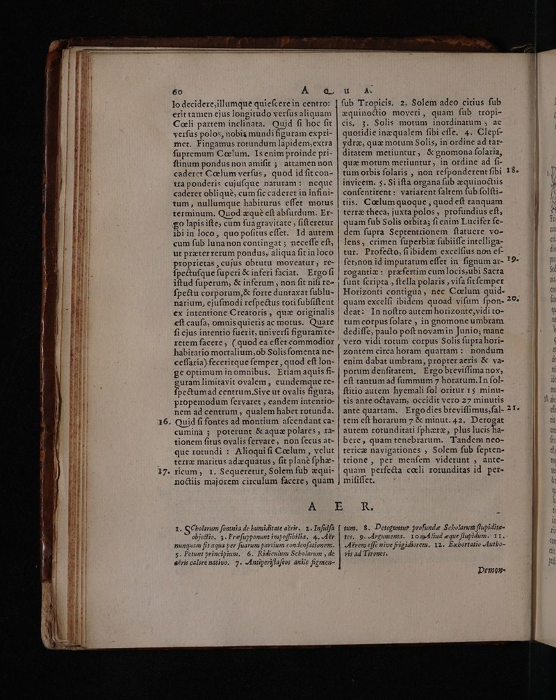 Locale. aii pe uy —S -— MM — rn MX e — - ———áá MÀ — - e c om ur Cu DKL — M lá. MIeseuA, etel. 60 lo decidere,illumque quiefcerein centro: erit tamen ejus longitudo verfus aliquam Coli partem inclinata. Quid fi hoc fit verfus polos, nobis mundifiguram expri- met. Fingamus rotundum lapidem,extra fupremum Ceo'um. Isenim proinde pri- ftinum pondus non amifit ;: attamen non caderet Coelum verfus, quod id fit con- tra ponderis cujufque naturam: nequc caderet oblique, cum fic caderet in infini- tum , nullumque habiturus effet motus terminum. Quod xqué eft abfurdum. Er- go lapis ifte; cum fuagravitate fifteretur ibiin loco, quo pofitus cffet. Id autem cum füb lunanon contingat ; neceffe eft, ut praterrerum pondus, aliqua fitinloco proprietas , cujus obtutu moveatur, rc- Ípc&amp;ufque fuperi &amp; inferi faciat. Ergo fi iftud fuperum, &amp; inferum , non fit nifi re- fpe&amp;u corporum,&amp; forte duntaxat fublu- narium, ejufmodi refpe&amp;tus toti fubfiftent ex intentione Creatoris , quz originalis eft caufa, omnisquietis ac motus. Quare fi cjus intentio fuerit, univerfi figuram te- retem facere , ( quod ea eflet commodior habitatio mortalium,ob Solisfomenta ne- ceffaria) feceritque femper , quod eft lon- geoptimuminomnibus. Etiam aquis fi- guram limitavit ovalem , eundemque re- fpcctumad centrum.Sive ut ovalis figura; propemodum fervaret , eandem intentio- nem ad centrum , qualem habet rotunda. Quid fi fontes ad montium afcendant ca- cumina ; poterunt &amp; aqua polares , xa- tionem fitus ovalisfervare, non fecus at- que rotundi : Alioquifi Coelum , velut terre maritus adzquatus, fit plané fphz- ricum, I. Sequeretur, Solem fub «qui- ———M — M — H— —ÀÍ——— ——— À« fub Tropicis. 2. Solem adeo citius fub equinoéctio moveri, quani fub tropi- cis, 3. Solis motum inordinatum , ac quotidie inzqualem fibi efle. 4. Clept- ydrz, qux motum Solis, in ordine ad tar- ditatem metiuntur, &amp; gnomona folaria, qua motum metiuntur, in ordine ad fi- tum orbis folaris , non refponderent fibi invicem. 5. Si ifta organa fub aequino&amp;iis confentirent: variarent faltem fub folfti- tiis. Coelumquoque , quod cft tanquam terr theca, juxta polos, profundius eft, quam fub Solis orbita; fi enim Lucifer fe- dem fupra Septentrionem flatuere vo- lens, crimen fuperbiz fubiiffe intelliga- tur. Profe&amp;o, fiibidem excelfius non ef- fet,)non id imputatum effet in. fignum ar- rogantiz : praefertim cumlocis;ubi Sacra funt fcripta , ftella polaris , vifa fitfemper Horizonti contigua, nec Colum quid- quam excelfi ibidem quoad vifum fpon- deat: In noftro autem horizonte,vidi to- tum corpus folare , in gnomone umbram dediffe, paulo poft novamin Junio; mane vero vidi totum corpus Solis fupra hori- zontem circa horam quartam : nondum enim dabat umbram, propteracris &amp; va- porum denfitatem, Ergo breviffima nox, eft tantum ad fummum 7 horarum.In fol- ftitio autem hyemali fol oritur 1$ minu- tis ante octavam, occidit vero 27 minutis ante quartam. Ergodies breviffimus,fal- tem eft horarum 7 &amp; minut. 42. Derogat autem rotunditati fphzere, plus lucis Es bere, quam tenebrarum. Tandem neo- terice navigationes , Solem fub fepten- trione , per menfem viderunt , antc- quam perfe&amp;a coli rotunditas id per- 1. GCbolarum fomnia de bumiditate abris... 2.. Infulfa * objedlio. 3. Prefupponunt impoffibilia. 4. .A8y nunquam fit aqua per fuarum parium condenfationem. s. Petuzt principsum. 6. Ridiculum Scholarum , de eris calore nativo. 7. Anüperiflafeos anile figmen- mum. $. Detegusun profunde Scholarum flupidita- tes. 9. Argumenta. 1osyÁBiud eque flupidum. 11. A£rem effe nive frigidiorem. 12. Exbortatio JAutbo- ris ad Taronts. Demotr- 18. 20,