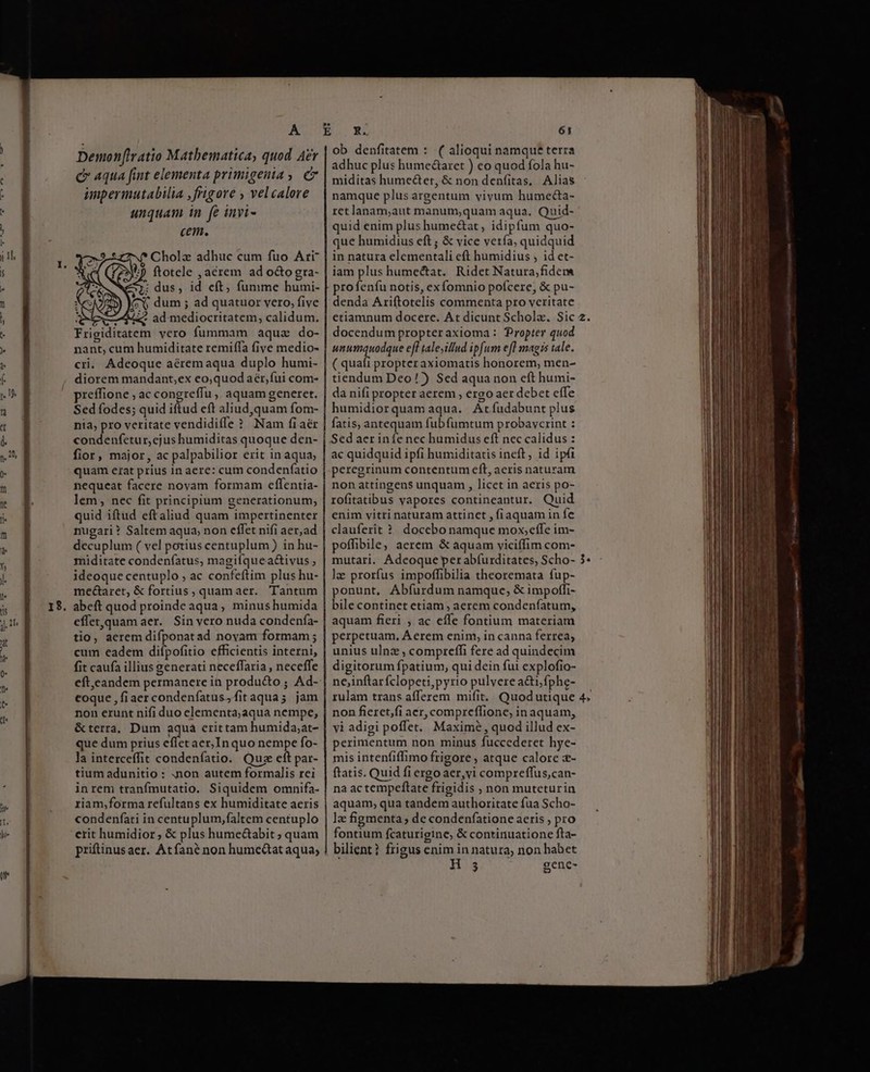 Demon[ratio Matbematica, quod Aer c aqua fint elementa primigenia , e impermutabilia ,frigore y vel calore unquam in fe invi- cem. ; dus, id eft, fumme bumi- Ko dum ; ad quatuor vero, five cri. Adeoque aéremaqua duplo humi- preffione ; ac congreffu , aquam generet. Sed fodes; quid iftud eft aliud,quam fom- condenfetur, ejus humiditas quoque den- fior, major, ac palpabilior erit in aqua; nequeat facere novam formam effentia- 2 miditate condenfatus, magifquea&amp;ivus, ideoque centuplo , ac confeítim plus hu- tio, aerem difponatad novam formam; eoque , fiaercondenfatus,fitaqua; jam &amp;terra, Dum aquá erittam humida;at- que dum prius effet aer,Inquo nempe fo- la interceffit condeníatio. Qus cft par- tium adunitio : .non autem formalis rei inrem tranímutatio. Siquidem omnifa- riam,forma refultans ex humiditate aeris condenfati in centuplum,faltem centuplo erit humidior; &amp; plus hume&amp;abit ; quam pritinusaer. Atfané non humedtat aqua; ob denfitatem :. ( alioqui namque terra adhuc plus hume&amp;aret ) co quod fola hu- namque plus argentum vivum humecta- ret lanam,aut manum;quam aqua. Quid- in natura elementali eft humidius ; id et- iam plus humectat. Ridet Natura,fidem pro fenfu notis, ex (omnio pofcere, &amp; pu- denda Ariftotelis commenta pro veritate etiamnum docere. At dicunt Schola. Sic docendum propter axioma : Propter quod unumquodque eft tale;illud ipfum efl magis tale. tiendum Deo! Sed aqua non eft humi- humidiorquamaqua. Atíudabunt plus fatis, antequam fub fumtum probavcrint : Sed aer infe nec humidus eft nec calidus : ac quidquid ipfi humiditatis ineft, id ipfi peregrinum contentum eft, aeris naturam non attingens unquam , licet in aeris po- rofitatibus vapores contineantur. Quid enim vitri naturam attinet , fiaquam in fe clauferit ? docebo namque mox; effe im- poffibile; aerem &amp; aquam viciffim com- ponunt, Abfurdum namque; &amp; impoffi- bile continet etiam, aerem condenfatum, aquam fieri , ac effe fontium materiam unius ulnz, compreffi fere ad quindecim digitorum fpatium, qui dein fui explofio- nejinftar fclopeti,pyrio pulvere acti,fphe- non fieret,fi aer, compreffione, inaquam, vi adigi poffet. Maxime , quod illud ex- perimentum non minus fuccederet hye- mis intenfiffimo frigore , atque calore &amp;- ftatis. Quid fi ergoaer,vi compreffus,can- na ac tempeftate frigidis ; non muteturin aquam, qua tandem authoritate fua Scho- lz figmenta; de condenfatione aeris ; pro fontium fcaturigine, &amp; continuatione fta- bilient? frigus enim in natura, non habet Hs genc- rae vr ot mn Burt dm ae