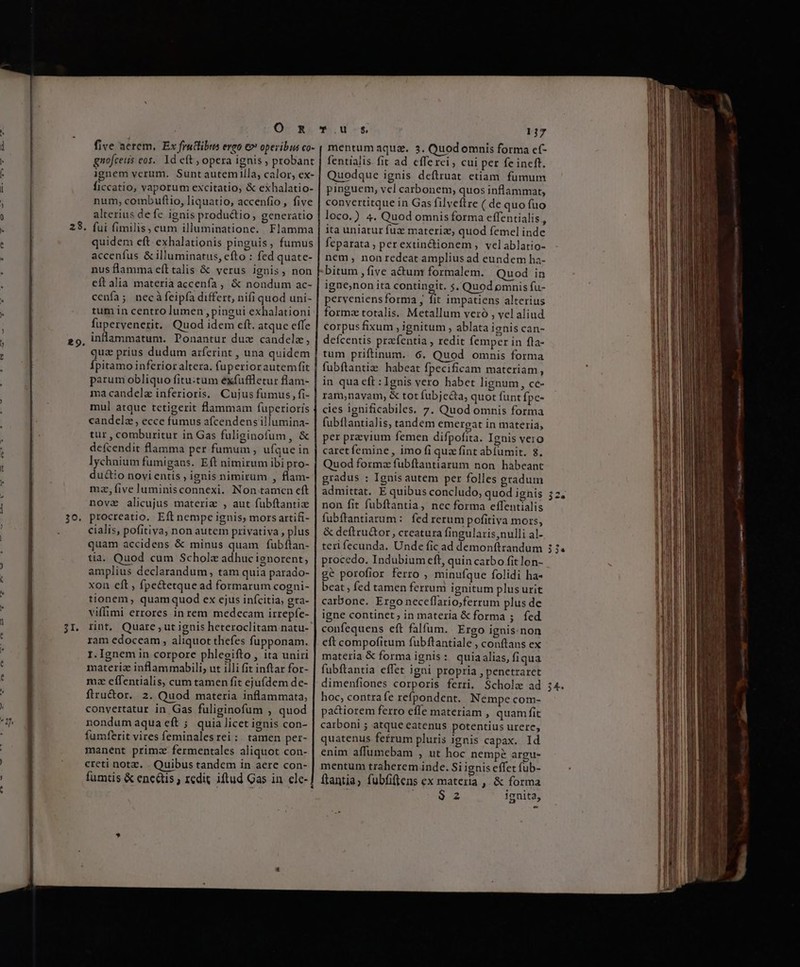 five acrem, Ex frutlibus ereo e» operibus co- gnofceiis eos. 1d eft ; opera ignis ; probant ignem verum. Suntautemilla, calor, ex- ficcatio, vaporum excitatio, &amp; exhalatio- num, combuftio, liquatio, accenfio , five alterius de fe ignis productio, generatio quidem eft exhalationis pinguis, fumus accenfus &amp; illuminatus, efto : fed quate- nus flamma eít talis &amp; verus ignis, non eft alia materia accenfa , &amp; nondum ac- cenfa; necàfeipfa differt, nifi quod uni- tum in centro lumen pingui exhalationi fupervenerit. Quod idem eft. atque effe quz prius dudum arferint , una quidem Ípitamo inferior altera. fuperiorautemfit parum obliquo fitu:tum exfuffletur flam- ma candela inferioris, Cujus fumus, fi- mul atque tetigerit flammam fuperioris candelz, ecce fumus afcendensillumina- tur , comburitur in Gas fuliginofum, &amp; defcendit flamma per fumum , ufque in lychnium fumigans. Eft nimirum ibi pro- du&amp;io novi entis , ignis nimirum , flam- mz, five luminisconnexi. Non tamen eft nova alicujus materia , aut fubftantiz cialis, pofitiva, non autem privativa , plus quam accidens &amp; minus quam fubftan- tia. Quod cum Scholz adhuc ignorent, amplius declarandum, tam quia parado- xon eft ; fpe&amp;etque ad formarum cogni- tionem, quamquod ex ejus infcitia, gta- viffimi errores inrem medecam irrepfe- ram edoceam , aliquot thefes fupponam. I.Ignem in corpore phlegifto, ita uniri materiz inflammabili, ut illi fit inftar for- mz effentialis, cum tamen fit ejufdem de- firu&amp;or. 2. Quod materia inflammata, convertatur in Gas fuliginofum , quod nondum aqua eft; quia licet ignis con- fumferit vires feminalesrei: tamen per- manent prima. fermentales aliquot con- creti notz. . Quibus tandem in aere con- fumtis &amp; encétis , xedit iftud Gas in cle-] A 117 mentum aqua. 5. Quod omnis forma c(- fentialis fit ad cfferci, cui per fe ineft. Quodque ignis defiruat etiam. fumum pinguem, vel carbonem, quos inflammat, convertitque in Gas filveftre ( de quo fuo loco.) 4. Quod omnis forma effentialis , ita uniatur fuz materia, quod femel inde feparata perextin&amp;dionem, velablatio- nem, nonredeat amplius ad eundem ha- bitum , five actum formalem. Quod in igne,non ita contingit. 5, Quod omnis fu- perveniensforma, fit impatiens alterius formz totalis. Metallum veró , vel aliud Corpus fixum , ignitum , ablata ignis can- defcentis prafentia , redit femper in fla- tum priftinum. 6. Quod omnis forma fubftantiz habeat fpecificam materiam, in qua eft : Ignis vero habet lignum , ce- ram,nayam, &amp; tot fubjecta, quot funt fpe- cies ignificabiles. 7. Quod omnis forma fubílantialis, tandem emergat in materia, per previum femen difpofita. Ignis vero caret femine, imo fi qua fint abfumit. 8. Quod formz fubftantiarum non habeant gradus : Ignis autem per folles gradum admittat. E quibus concludo, quod ignis non fit fubftantia, nec forma effentialis fubftantiarum: fed rerum pofitiva mors, &amp; deftru&amp;or , creatura fingularis;nulli al- teri fecunda. Unde fic ad demonftrandum procedo. Indubium eft, quin carbo fit lon- ge porofior ferro , minufque folidi ha- beat , fed tamen ferrum ignitum plus urit carbone. Ergo neceflario;ferrum plus de igne continet; in materia &amp; forma ; fed confequens eft falfum. Ergo ignis: non eft compofitum fubftantiale , conftans ex materia € forma ignis: quiaalias, fiqua fubftantia effet igni propria , penetraret dimenfiones corporis ferri. Schola ad hoc, contra fe refpondent. Némpe com- pactiorem ferro effe materiam , quam fit carboni ; atque eatenus potentius urere, quatenus fefrum pluris ignis capax. Id enim affumebam , ut hoc nempe argu- mentum traherem inde. Si ignis effet fub- Ítantiay fubfiflens ex materia ,. &amp; forma ' 312 ignita, L