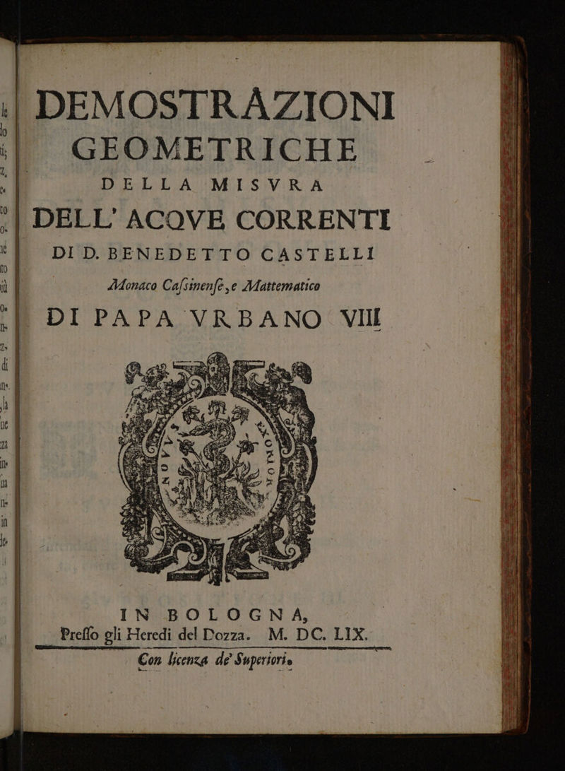 DEMOSTRAZIONI | °GEOMETRICHE . DO DELLA MISVRA | DELL’'ACOVE CORRENTI | DID BENEDETTO CASTELLI e iù | | Adonaco Cafsinenfe,e Mattematico o. | iL | I | DI PAPA VRBANO VIII Ta 4 di | sa) I Con licenza de $ uperioris