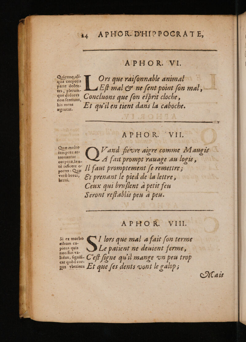 A d Ed 14 APHOR:D'HIPOCRATE, APHOR. VI. aicunq;ali- LS. : rr d Ors que raifonnable animal parte dofen- tes, plerum- dolote que colores C oncluons que fon esprit cloche » non fentiunt, hismens Ep qu'il en tient dans la caboche. 1 ͤ VIE tempore at- tenuantur corpora.len- — - fait prompt rauage au logis, porer: Qus Il faut promptement [e remetire ; be. El prenant le pied de la lettre, Ceux qui bruflent à petit feu Seront reſtablis peu a peu. À PHO RC VIII. 5 lors que mal à fait ſon terme piens quis Le patient ne deuient ferme, Es figni Celt nn. quil mange vn pets trop gus vberiere Et que fes dents vont le galop ;