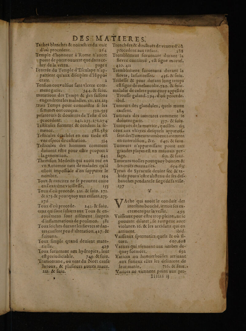 Taches blanches &amp; noireftiesdu-cuir d'où procedent. 264 Temple d'honneur 2'Rome ñ'auoic point de porte ouuerte quédansce- luy de la vertu. age ”: l’entrée du Temple d’Efculape n’ap. pattient qu'aux difciples d'Hippoi crate. 2 Tenfionconvulfiue fans vlcere cotn- mentgarie. 44. fuiu, mutations des Temps &amp; des faifons engendrentles maladies: 211:212,213 tfois Temps pour connoiftre fi les femmes ontconçeu. 592: 93 pelanteurs &amp; douleurs de Tefte d'où procedent. 242:2$$:271.274 Tefitules forment &amp; rendent la {e- tnence.e ! 588.589 Tefticules écachées en eau tiede eft vneefpece decaftration. 534 Tefticules des hommes comment . doïuent eftre pour eftre propres à la generation. 643 “Themifon Medecin qui auoit tué en vn Automne tant de malades qu'il cftoit impoflible d'en fupputer le _nombre. : 234 “Foux &amp; raucitez ne fe peuuent cuire enl'extréme vieilleffe. 153 Touxd'où procede. 121..&amp; fuiu. 271. &amp;273.&amp; pourquoyauxenfans.275. 276 Touxd'oüprocede. 242. &amp; fuiu. ceux qui font fubietsaux Toux &amp; en- d'inflammations de poulmon. 38: Touxfeiches durantles fievrésardan- _escaufent peu d’alteration.427. &amp; fuiuans. : Toux fimple quand deuient mate- rielle. 429 Toux furuenant aux hydropics, leur eft preiudiciable, 749: &amp;fuiu. Xramontane, ou ventdu Nort caufe Jatoux, &amp; plufieurs autres maux, 221 $C fuiu. ANNEE HSE Trenchées &amp; douleuts de ventre d'où procedent aux enfans. 188 Tremblèément furuenant durant la fievre continué , eft figne mortel. 410, 411 Tremblemens furuenans durant la ficvre, lafaitcefler. 436. &amp; fuiu. Trifteflé 8 peur durant fong temps ef fisne demelancolie.710. &amp; fui. maladie de colere pourquoy appellée = Trouffe-galand. 294. d’où procede. ibid. Tumeurs des slandules, quels maux caufent. 284 Tumeurs des iointures comment fe dojuentgarir. 557. &amp; fuiu. Tuniquesdela matrice, quelles. 613 ceux aux viceres defquels apparoil- fent desTumeurstombentrarement enconvulfion, &amp;c. 649. &amp; {uiu. Tumeurs n’apparoiffant point aux ‘grandes playeseft vn mauuais pre- fage. 652. € fuit. Tumeurs molles pourquoy bonnes &amp; les crues mauuailes.. Gs4,6$$ Tyran de Syracufe deuint fec &amp; ra- bide pours’eftre abftenu de fes def- bauches pendantle ficae de fa ville, 197 V ASE ‘qui auoit le conduit des inteftins bouché, iettoit {es ex. cremens par la veñlie. 494 Vaifeauxpour eftre trop pleins, ne le pouuant dilater ; fe rompent auec violance. 16.-&amp; les accidans quien Affiuent, ibid. Vaifeaux fpermarics quels 8 où fi- tuez. 607.608 Varices qui viennent.aux iambes de- quoy formées, 692 Varices ‘ou -hemorrhoïdes arriuant aux furieux elles les deliurent de leur manie. 716. &amp; fuiu.» Variçes ne viennent point aux pet- RU Tiiili ij