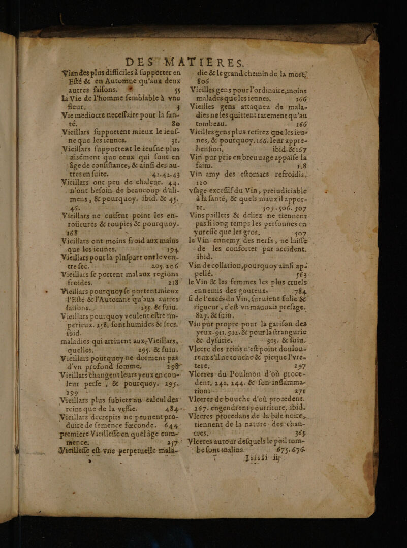 Efté &amp; en Autonine qu'aux deux autres failons. % ss la Vie de l’homme femblable à vne ‘fleur. Vie médiocre neceffaire pour la fan- Vicillars fupportent mieux le ieuf- ne que les icunes. 31. Vicillars fupportent le ieufne plus aisément que ceux qui font en âge de confiftance, &amp; ainfi des au- “tresen fuite. 41:42:43 Vicillars ont peu de chaleur. 44. n’ont befoin de beaucoup d'ali- 46° | Vieillars ne cuifent point les en- roüeures &amp; roupies &amp; pourquoy. 168 RS Vieillars ont moins froid aux mains que les ieunes. 194 trefec. 10$.206 Vieillars fe portent malaux segiôns. froides. Vieillars pourquoyfe portentmieux PEfté &amp; lAutomne qu'aux autres {aifôns. | 265. &amp;c fuiu. Vieillars pourquoy veulentreftre im- perieux. 258, fonthumides &amp; fecs. ibid. Es | uelles, 295. &amp; fuiu. Vicillars pourqueyne dorment pas d'vn profond fomfne, Vicillarsthangentleurs yeuxencon- leur perfe ; &amp; pourquoy. 295. 299 | reins que de la veñlie. Vicillars decrepits ne peuuentpro- duirede femence fæconde. péemiere Vieilleffeen queläge com- mence. 257 Vicilleffe fl. vne perpetuelle mala » C2 die &amp; legrandcheminde la mort! 806 Vicilles gens pour l’ordinaire,moins maladesquelesiennes, 166 Visilles gens attaquez de mala- diesne les quittentrarement qu’au tombeau. + 166 Vieilles gens plus retirez que les ieu- nes, &amp; pourquoy.166.leur appre- henfion, ibid.&amp;167 Vin pur pris embreuuage appaife la fai. 118 Vin amy des eftomacs refroidis, 120 vfage exceflif du Vin, preiudiciable à lafanté, &amp; quels mauxil appot- te, Sjo$f.ç06. so7 Vinspaillets &amp; deliez ne tiennent. pas fi long temps les perfonnes en: yurefle que les gros. 507 Ïe Vin. ennemy des nerfs, ne laifle de les conforter par accident, ibid. Vin decollation,pourquoyainf ap- pellé. ” (63 le Vin &amp; les femmes les plus cruels ennemis des souteux; rJ284 fi de l’excés du Vin, furuient folie &amp; rigueur ; c'eft vn mauuais prefage. 827. &amp; fuiu. ‘yeux. o11. 912.6 pourlaftrangurie &amp;c dyfurie. 013. &amp; füiu. Vicere des reins n’eftpoimt donlou- reuxs'ilnetouche&amp; picque lvre. tére; 297 Viceres du Poulmon d’où proce- dent, 242. 144, &amp; fon-inflämma- tion; - 271 Viceres de bouche d'où procedent. 267. éngendfentpourritute.-ibid. Viceres pfocedans de la bile noire. tiennent dé la nature- des ‘chan- CÉES. : 368. Viceres autour defquels le peil rom “‘'befonremalins ‘675.676 SC MM EL'e RE