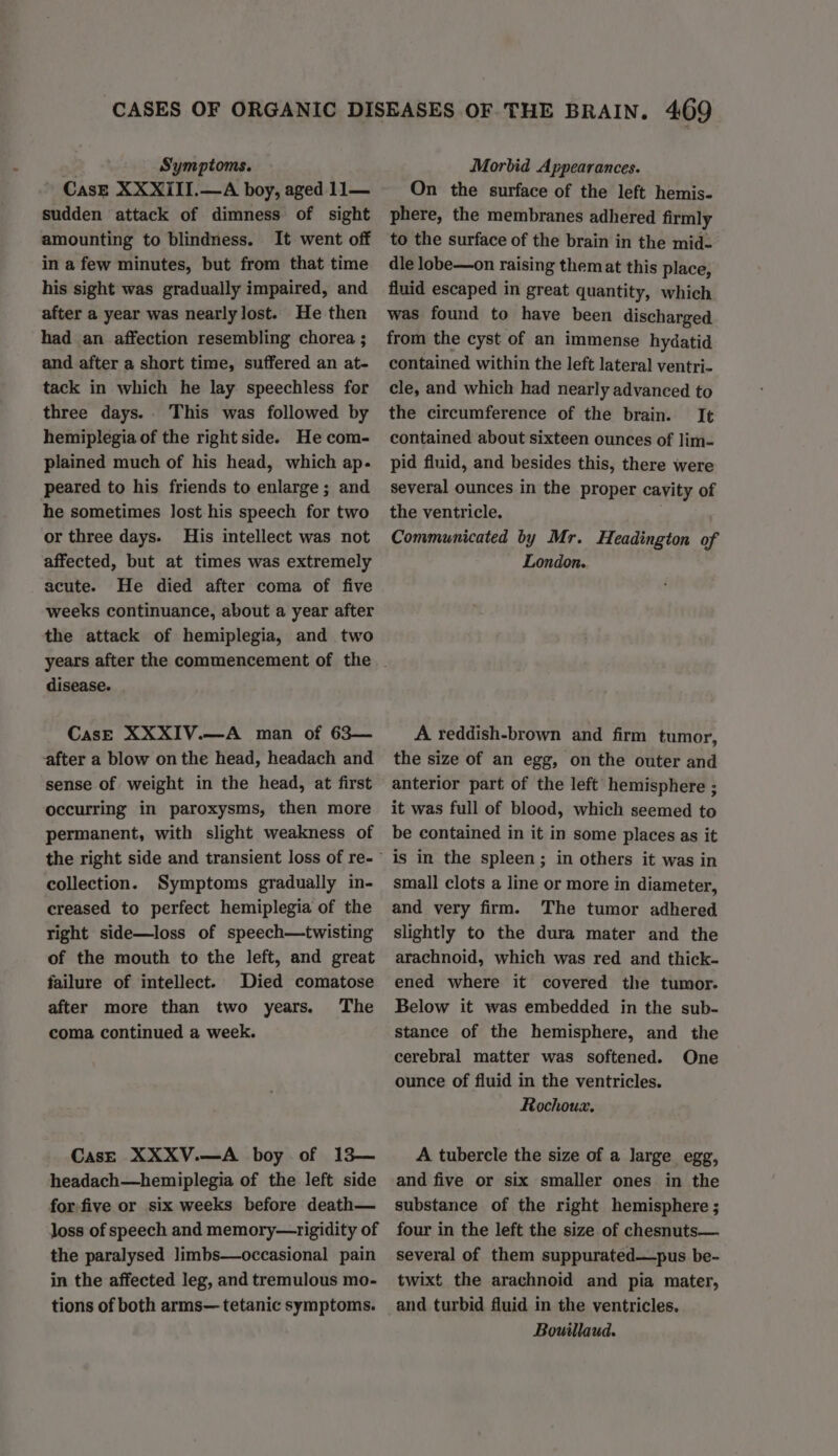 CasE XXXIII.—A boy, aged 11— sudden attack of dimness of sight amounting to blindness. It went off in a few minutes, but from that time his sight was gradually impaired, and after a year was nearly lost. He then had an affection resembling chorea ; and after a short time, suffered an at- tack in which he lay speechless for three days. This was followed by hemiplegia of the right side. He com- plained much of his head, which ap. peared to his friends to enlarge; and he sometimes Jost his speech for two or three days. His intellect was not affected, but at times was extremely acute. He died after coma of five weeks continuance, about a year after the attack of hemiplegia, and two disease. CasE XXXIV.—A man of 63— after a blow onthe head, headach and sense of weight in the head, at first occurring in paroxysms, then more permanent, with slight weakness of the right side and transient loss of re- collection. Symptoms gradually in- creased to perfect hemiplegia of the right side—loss of speech—twisting of the mouth to the left, and great failure of intellect. Died comatose after more than two years. The coma continued a week. CasE XXXV.—A boy of 13— headach—hemiplegia of the left side for:five or six weeks before death— loss of speech and memory—trigidity of the paralysed limbs—occasional pain in the affected leg, and tremulous mo- tions of both arms— tetanic symptoms. On the surface of the left hemis- phere, the membranes adhered firmly to the surface of the brain in the mid- dle lobe—on raising them at this place, fluid escaped in great quantity, which was found to have been discharged from the cyst of an immense hydatid contained within the left lateral ventri- cle, and which had nearly advanced to the circumference of the brain. It contained about sixteen ounces of lim- pid fluid, and besides this, there were several ounces in the proper cavity of the ventricle. Communicated by Mr. Headington of London. A reddish-brown and firm tumor, the size of an egg, on the outer and anterior part of the left hemisphere ; it was full of blood, which seemed to be contained in it in some places as it is in the spleen; in others it was in small clots a line or more in diameter, and very firm. The tumor adhered slightly to the dura mater and the arachnoid, which was red and thick- ened where it covered the tumor. Below it was embedded in the sub- stance of the hemisphere, and the cerebral matter was softened. One ounce of fluid in the ventricles. Rochouzx. A tubercle the size of a large egg, and five or six smaller ones in the substance of the right hemisphere ; four in the left the size of chesnuts— several of them suppurated—pus be- twixt the arachnoid and pia mater, and turbid fluid in the ventricles. Bouillaud.