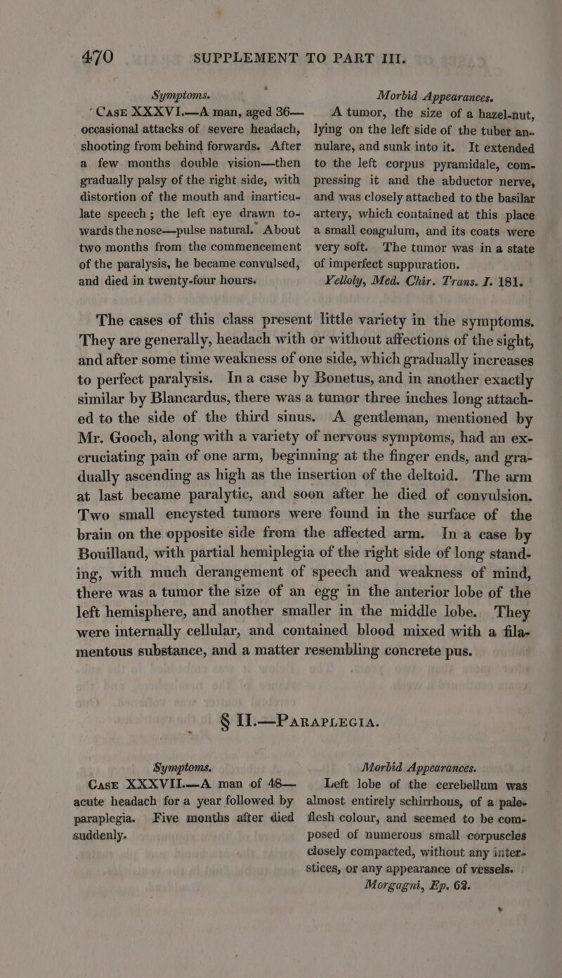 Symptoms. ‘CasE XXXVI.—A man, aged 36— occasional attacks of severe headach, shooting from behind forwards. After a few months double vision—then gradually palsy of the right side, with distortion of the mouth and inarticu- late speech; the left eye drawn to- wards the nose—pulse natural. About two months from the commencement of the paralysis, he became convulsed, and died in twenty-four hours. Morbid Appearances. A tumor, the size of a hazel-nut, lying on the left side of the tuber an. nulare, and sunk into it. It extended to the left corpus pyramidale, com- pressing it and the abductor nerve, and was closely attached to the basilar artery, which contained at this place a small coagulum, and its coats were very soft. The tumor was ina state of imperfect suppuration. Yelloly, Med. Chir. Trans. J. 181. The cases of this class present little variety in the symptoms. They are generally, headach with or without affections of the sight, and after some time weakness of one side, which gradually increases to perfect paralysis. Ina case by Bonetus, and in another exactly similar by Blancardus, there was a tumor three inches long attach- ed to the side of the third sinus. A gentleman, mentioned by Mr. Gooch, along with a variety of nervous symptoms, had an ex- cruciating pain of one arm, beginning at the finger ends, and gra- dually ascending as high as the insertion of the deltoid. The arm at last became paralytic, and soon after he died of convulsion. Two small encysted tumors were found in the surface of the brain on the opposite side from the affected arm. In a case by Bouillaud, with partial hemiplegia of the right side of long stand- ing, with much derangement of speech and weakness of mind, there was a tumor the size of an egg in the anterior lobe of the left hemisphere, and another smaller in the middle lobe. They were internally cellular, and contained blood mixed with a fila- mentous substance, and a matter resembling concrete pus. § 1].—Pararcecia. Morbid Appearances. Left lobe of the cerebellum was almost entirely schirrhous, of a pale. flesh colour, and seemed to be com- posed of numerous small corpuscles closely compacted, without any inter- stices, or any appearance of vessels. Morgagni, Ep. 62. Symptoms. CasE XXXVII.—A man of 48— acute headach for a year followed by paraplegia. Five months after died suddenly.