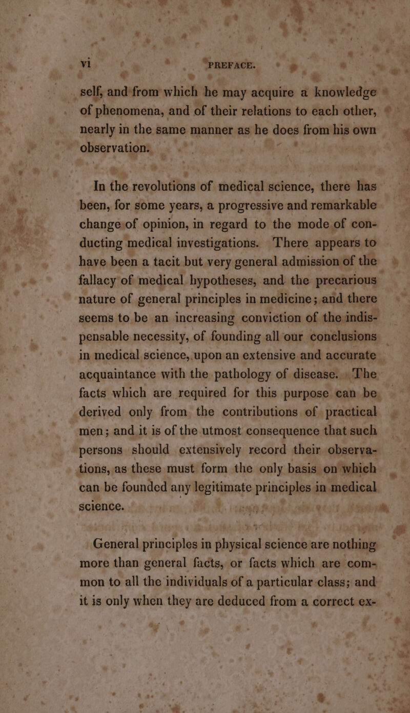 of phenomena, and of their relations to each other, © nearly in the same manner as he does from his own ” ¢ \ if, In the revolutions of medical science, there has been, for some years, a progressive and remarkable changevof opinion, in regard to the mode of con- ducting medical investigations. There appears to have been a tacit but very general admission of the fallacy of medical hypotheses, and. the precarious - seems to be an increasing conviction of the indis- pensable necessity, of founding all our conclusions acquaintance with the pathology of disease. The facts which are required for this purpose ean be. men; and it is of the utmost consequence that such can be founded any aye tapnate PHOoRae in medical if ? General principles in physical science are nothing more than general facts, or facts which are com- mon to all the individuals of a particular class; and *%