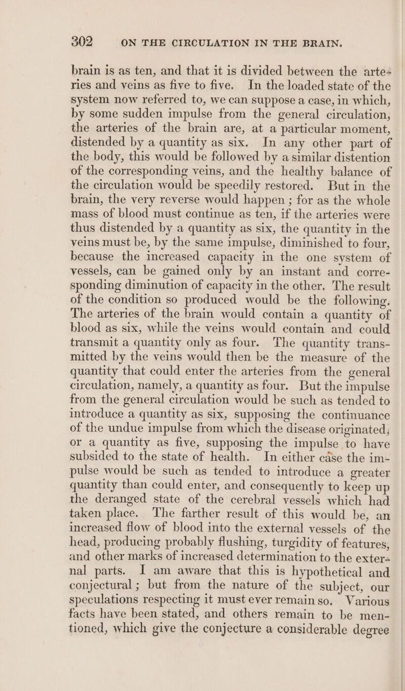 brain is as ten, and that it is divided between the arte ries and veins as five to five. In the loaded state of the system now referred to, we can suppose a case, in which, by some sudden impulse from the general circulation, the arteries of the brain are, at a particular moment, distended by a quantity as six, In any other part of the body, this would be followed by a similar distention of the corresponding veins, and the healthy balance of the circulation would be speedily restored. But in the brain, the very reverse would happen ; for as the whole mass of blood must continue as ten, if the arteries were thus distended by a quantity as six, the quantity in the veins must be, by the same impulse, diminished to four, because the increased capacity in the one system of vessels, can be gained only by an instant and corre- sponding diminution of capacity in the other. The result of the condition so produced would be the following. The arteries of the brain would contain a quantity of blood as six, while the veins would contain and could transmit a quantity only as four. The quantity trans- mitted by the veins would then be the measure of the quantity that could enter the arteries from the general circulation, namely, a quantity as four. But the impulse from the general circulation would be such as tended to introduce a quantity as six, supposing the continuance of the undue impulse from which the disease originated, or a quantity as five, supposing the impulse to have subsided to the state of health. In either case the im- pulse would be such as tended to introduce a greater quantity than could enter, and consequently to keep up the deranged state of the cerebral vessels which had taken place. The farther result of this would be, an increased flow of blood into the external vessels of the head, producing probably flushing, turgidity of features, and other marks of increased determination to the exter- nal parts. I am aware that this is hypothetical and conjectural ; but from the nature of the subject, our speculations respecting it must ever remainso. Various facts have been stated, and others remain to be men- tioned, which give the conjecture a considerable degree