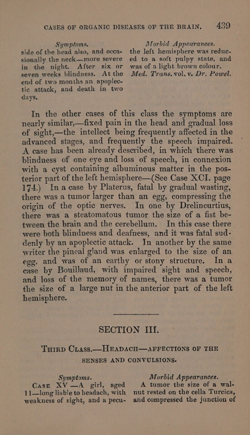 side of the head also, and occa- sionally the neck—more severe 439 the left hemisphere was reduc- ed to a soft pulpy state, and in the night. After six or seven weeks blindness. At the end of two months an apoplec- tic attack, and death in two days. was of a light brown colour. Med. Trans. vol. v. Dr. Powel. In the other cases of this class the symptoms are nearly similar,—fixed pain in the head and gradual loss of sight,—the intellect being frequently affected in the advanced stages, and frequently the speech impaired. A case has been already described, in which there was blindness of one eye and loss of speech, in connexion with a cyst containing albuminous matter in the pos- terior part of the left hemisphere—(See Case XCI. page 174.) Inacase by Platerus, fatal by gradual wasting, there was a tumor larger than an egg, compressing the origin of the optic nerves. In one by Drelincurtius, there was a steatomatous tumor the size of a fist be- tween the brain and the cerebellum. In this case there were both blindness and deafness, and it was fatal sud- denly by an apoplectic attack. In another by the same writer the pineal gland was enlarged to the size of an egg, and was of an earthy or stony structure. In a case by Bouillaud, with impaired sight and speech, and loss of the memory of names, there was a tumor the size of a large nut in the anterior part of the left hemisphere. SECTION II. Tuirp Ciass.— HEADACH—AFFECTIONS OF THE SENSES AND CONVULSIONS. Symptoms. Morbid Appearances. CasE XV —A girl, aged A tumor the size of a wal- 11—long liable to headach, with nut rested on the cella Turcica, weakness of sight, and a pecu- and compressed the junction of